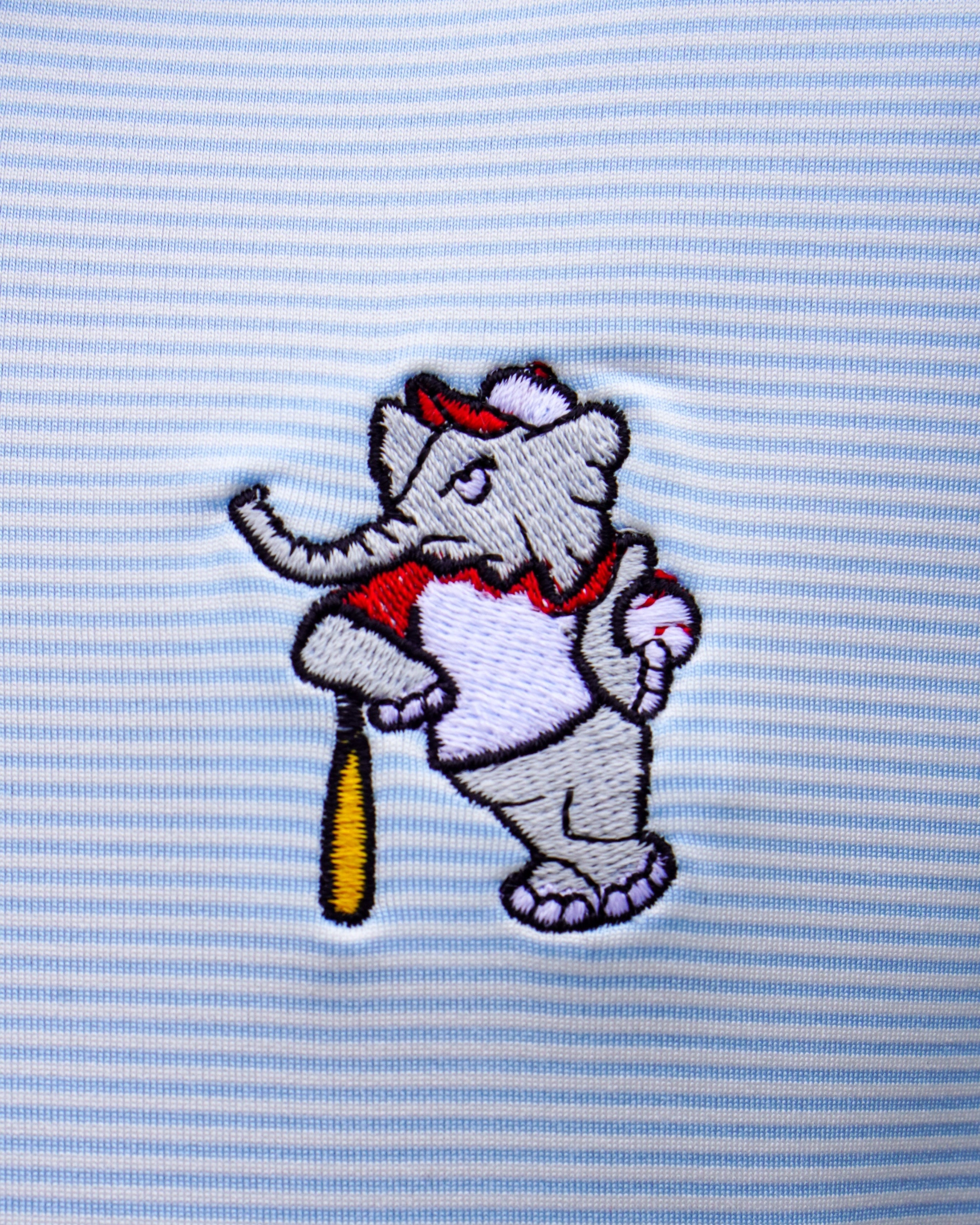 University of Alabama BallPlayer Al Men's Light Blue Performance Polo with an embroidered image of Big Al in a baseball uniform leaning on a baseball bat