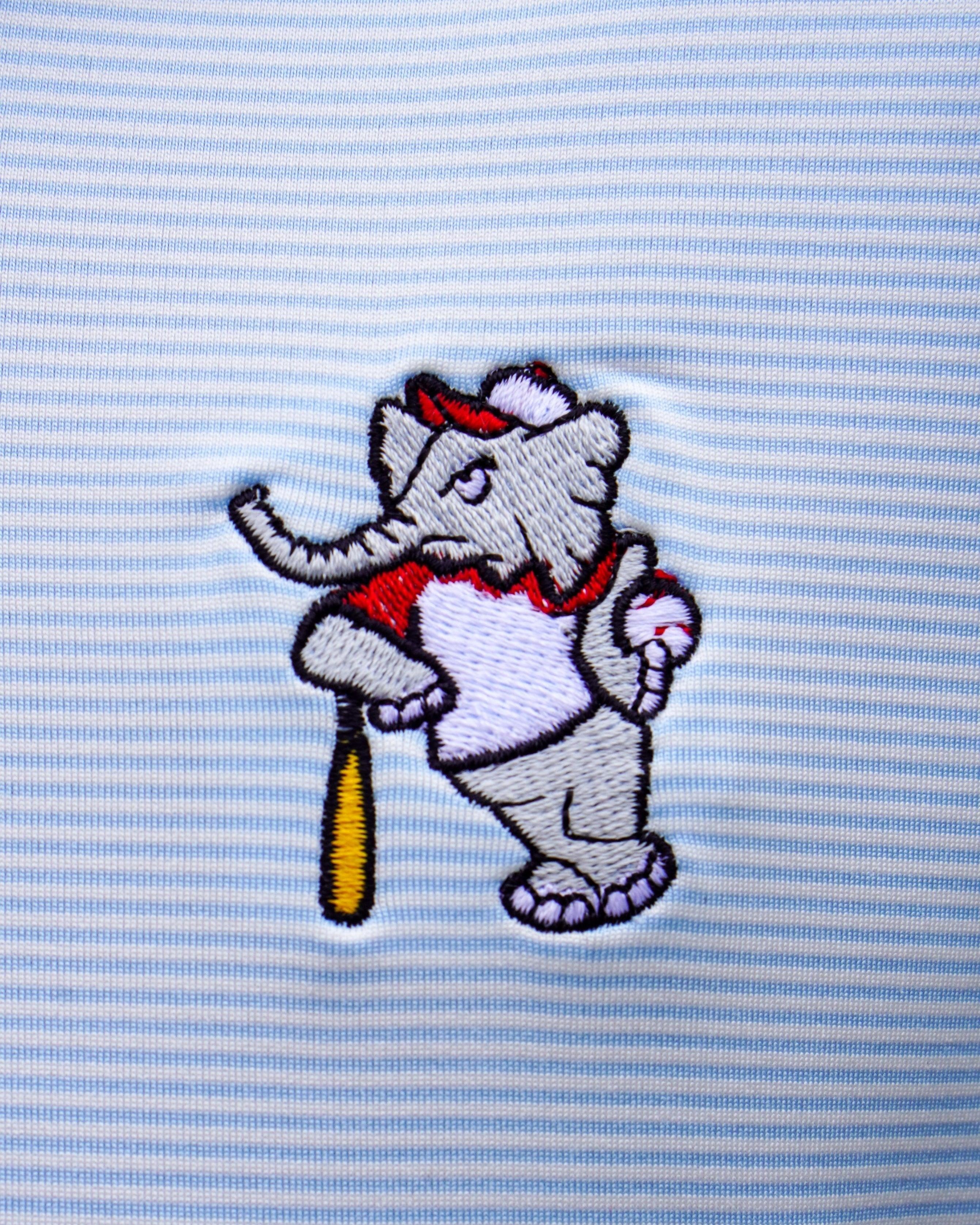 University of Alabama BallPlayer Al Men's Light Blue Performance Polo with an embroidered image of Big Al in a baseball uniform leaning on a baseball bat