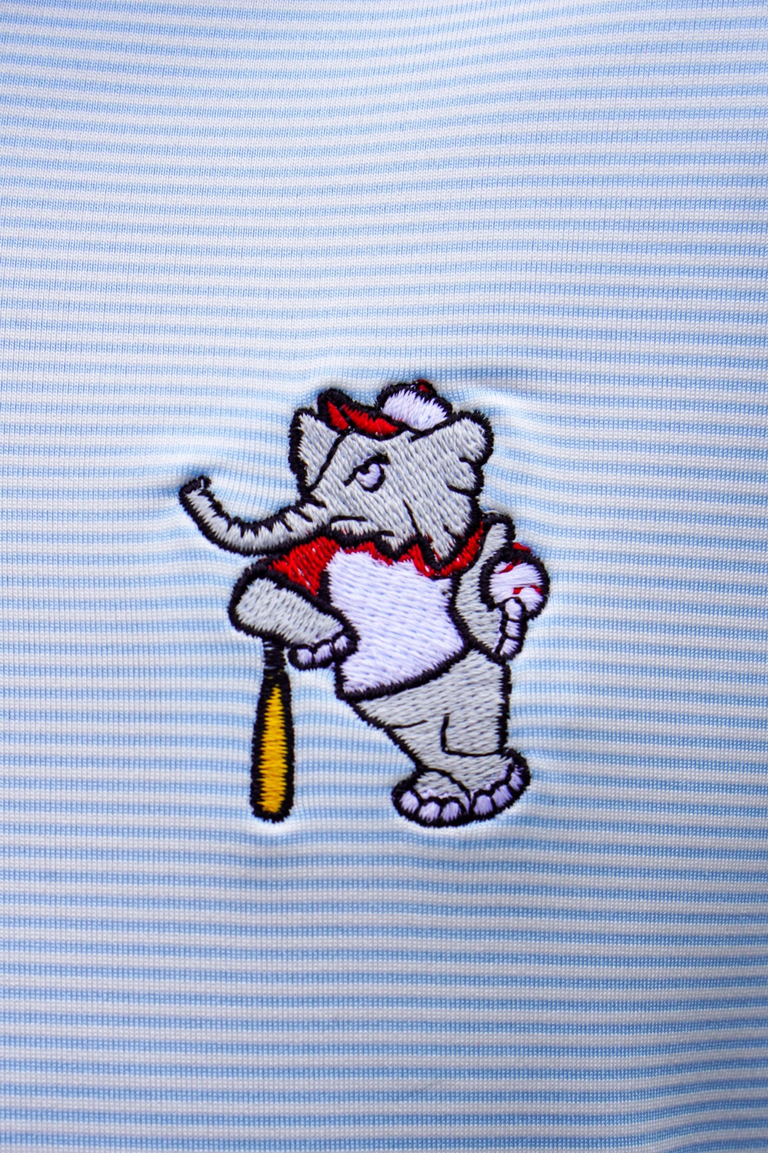 University of Alabama BallPlayer Al Men's Light Blue Performance Polo with an embroidered image of Big Al in a baseball uniform leaning on a baseball bat