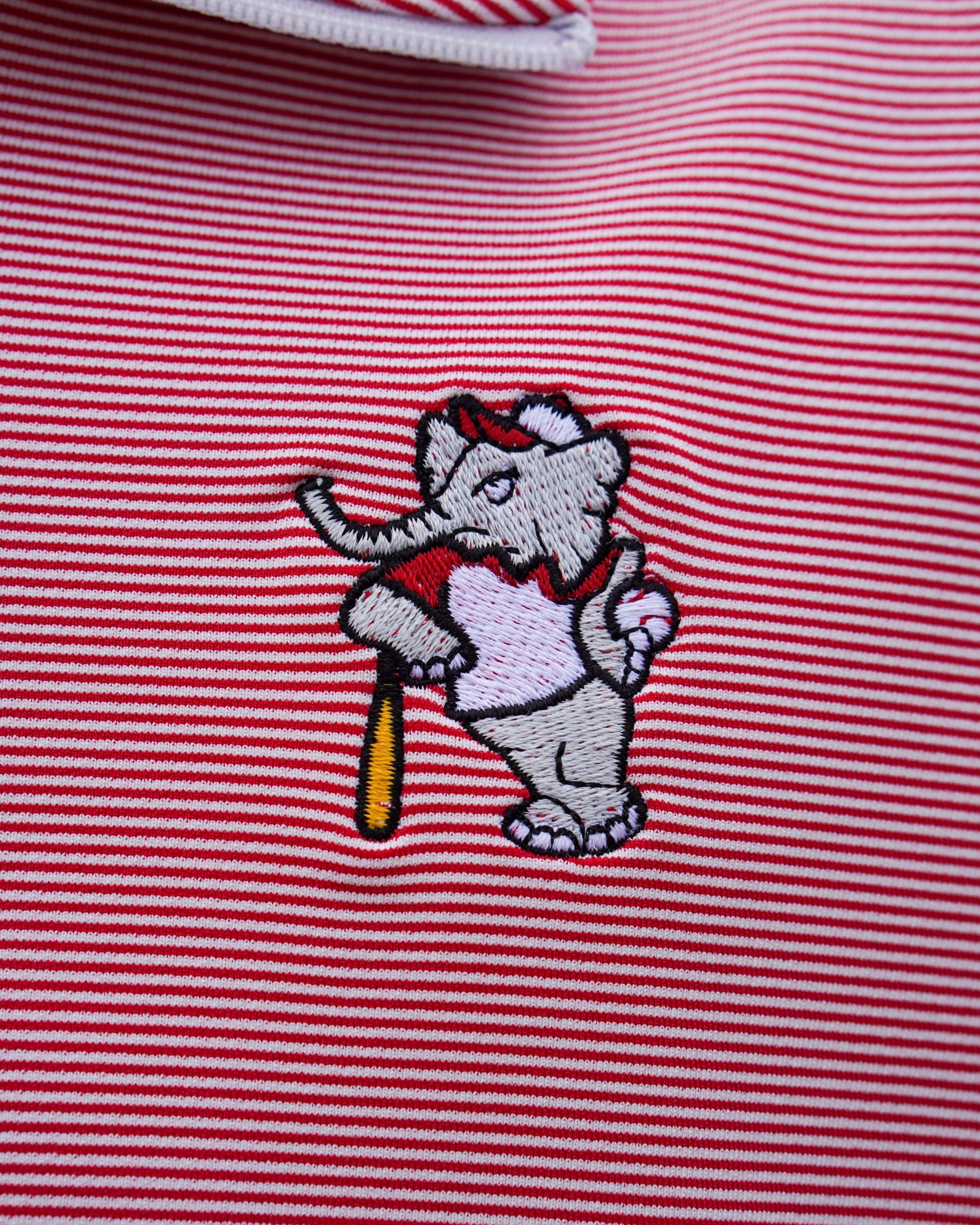 University of Alabama BallPlayer Al Men's Crimson Performance Pullover with an embroidered image of Big Al in a baseball uniform leaning on a baseball bat