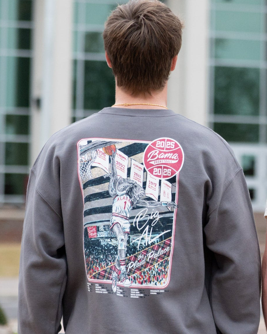 University of Alabama Dark Grey Sweatshirt with an illustration of Big Al dunking a basketball next to text “Big Al” and “the Plaid Palace” above the 2025 Basketball Schedule