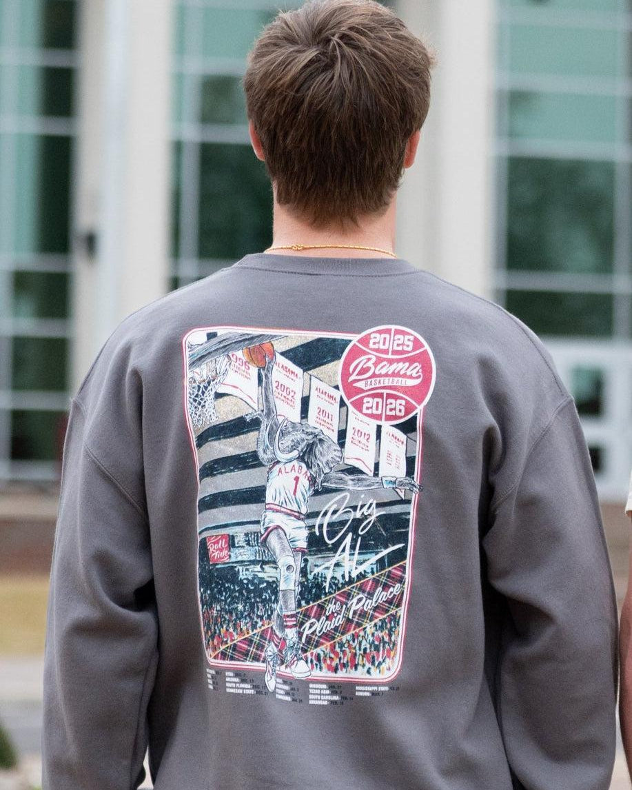 University of Alabama Dark Grey Sweatshirt with an illustration of Big Al dunking a basketball next to text “Big Al” and “the Plaid Palace” above the 2025 Basketball Schedule