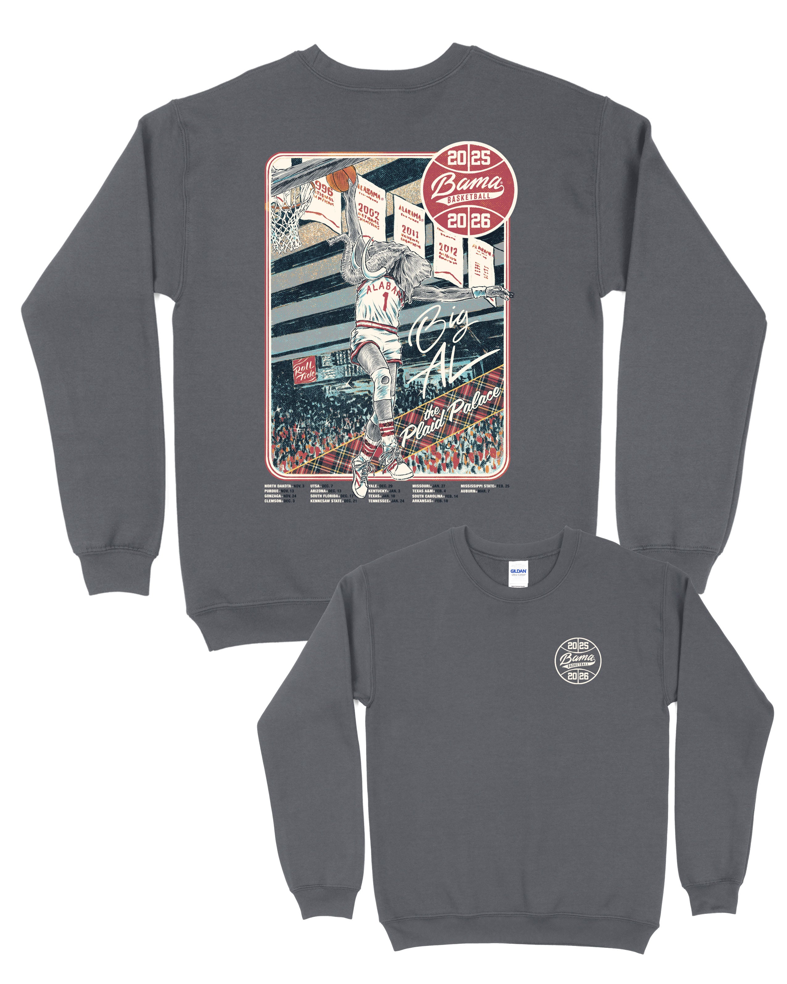 University of Alabama Dark Grey Sweatshirt with an illustration of Big Al dunking a basketball next to text “Big Al” and “the Plaid Palace” above the 2025 Basketball Schedule