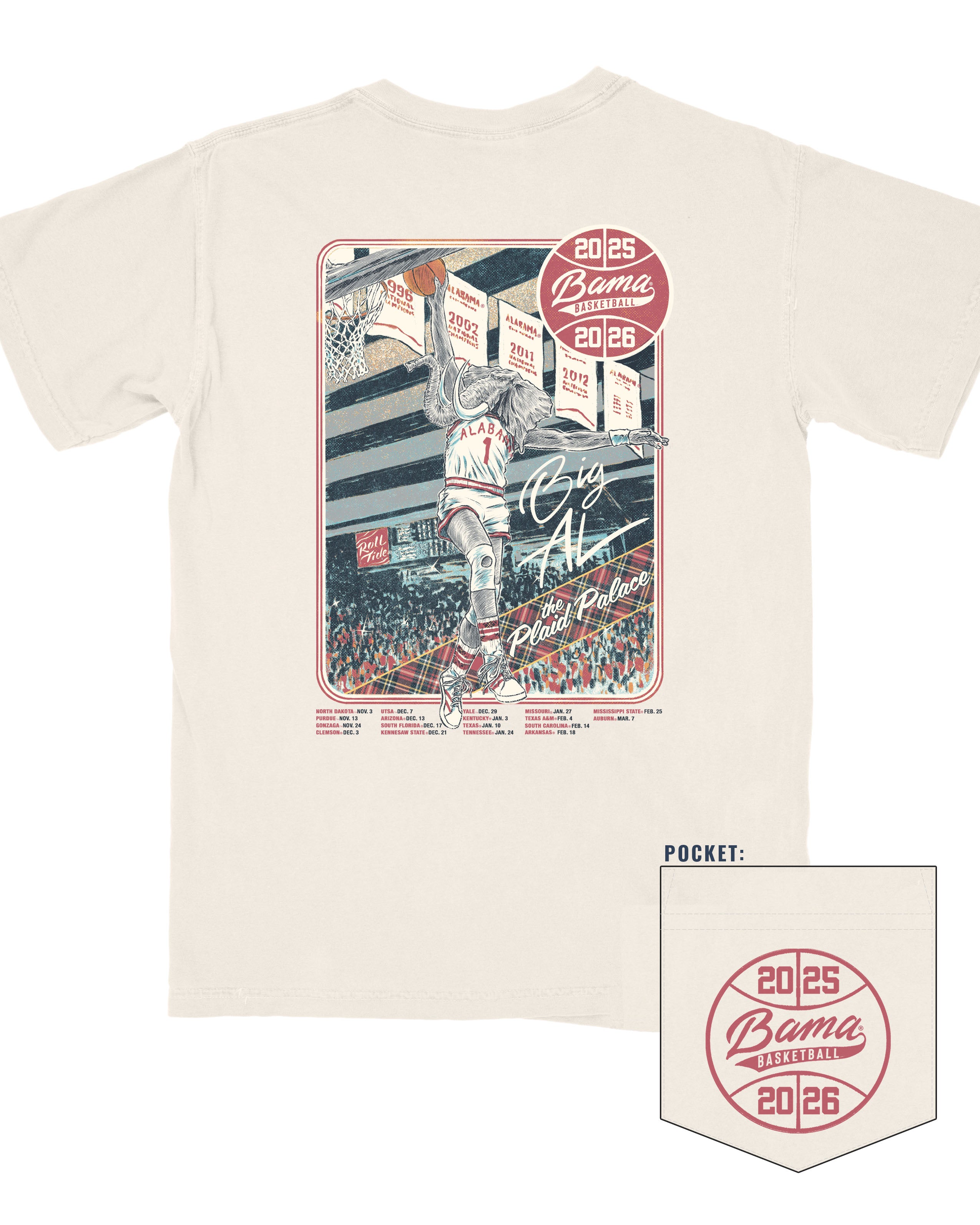 University of Alabama Ivory Shirt with an illustration of Big Al dunking a basketball next to text “Big Al” and “the Plaid Palace” above the 2025 Basketball Schedule