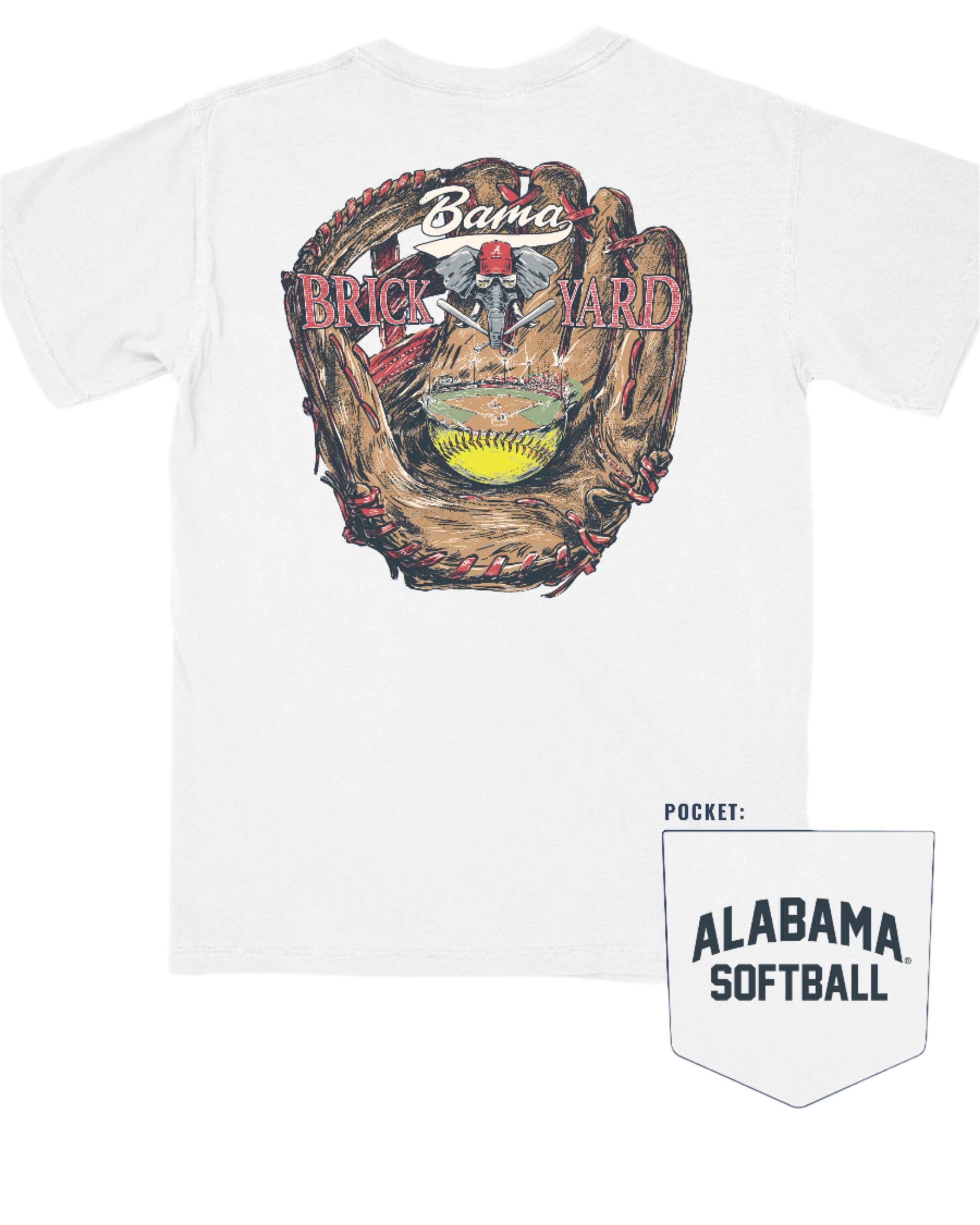 University of Alabama Bama Brick Yard White Comfort Colors T-Shirt with an image of a baseball glove catching a baseball field beneath the text "Bama Brick Yard"