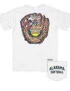 University of Alabama Bama Brick Yard White Comfort Colors T-Shirt with an image of a baseball glove catching a baseball field beneath the text "Bama Brick Yard"