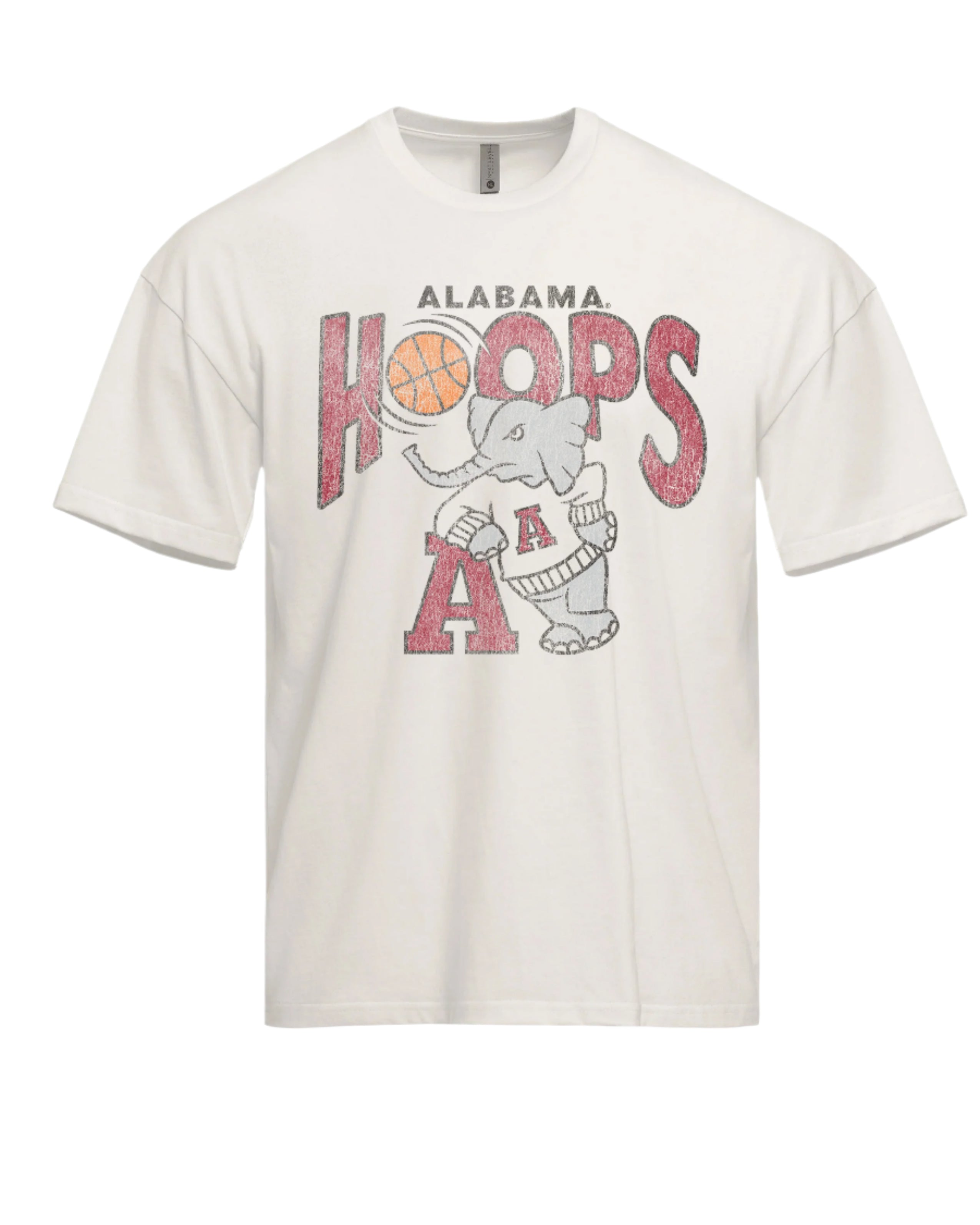 University of Alabama Off-White T-Shirt with Text "Hoops" with a basketball replacing the first "O" above Big Al leaning on a Block A
