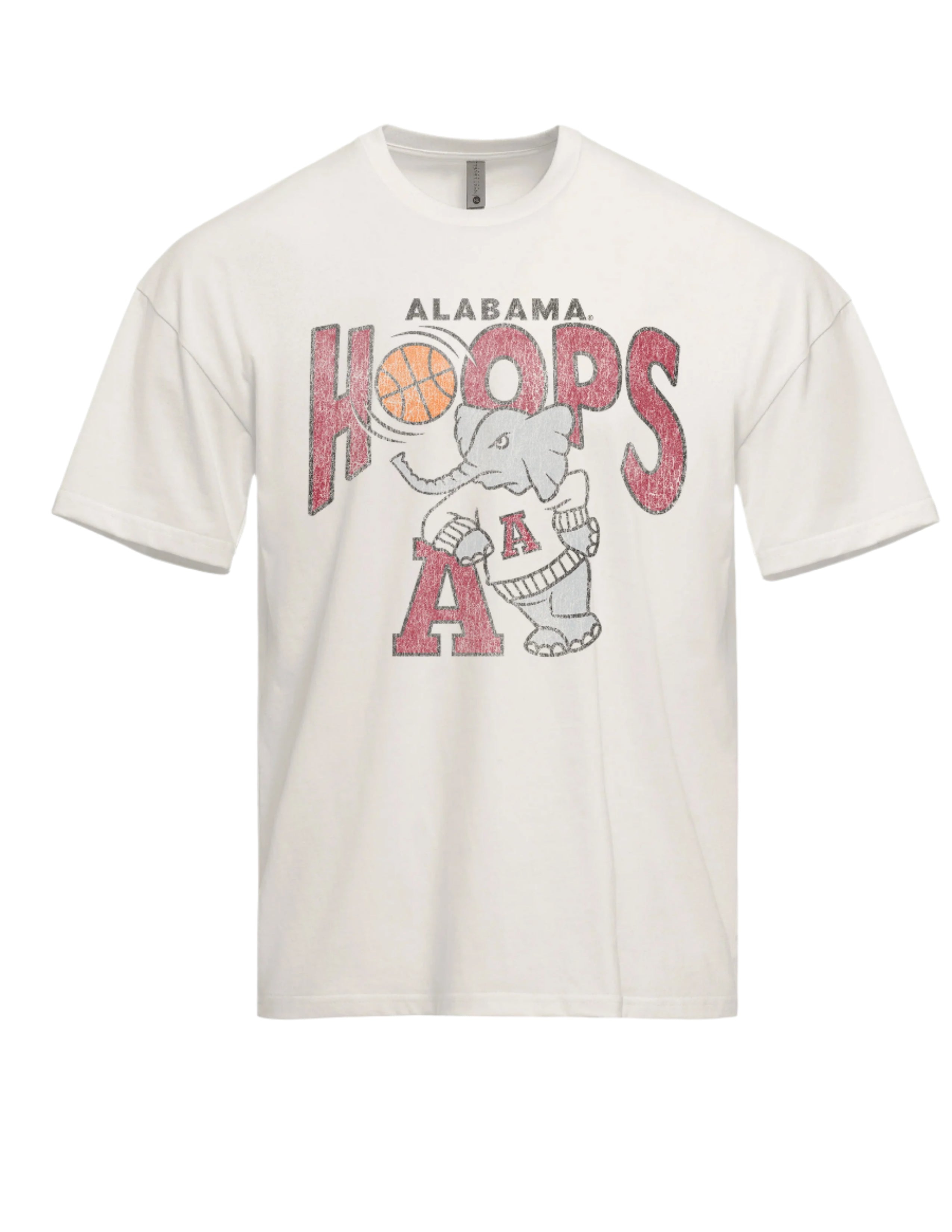 University of Alabama Off-White T-Shirt with Text "Hoops" with a basketball replacing the first "O" above Big Al leaning on a Block A