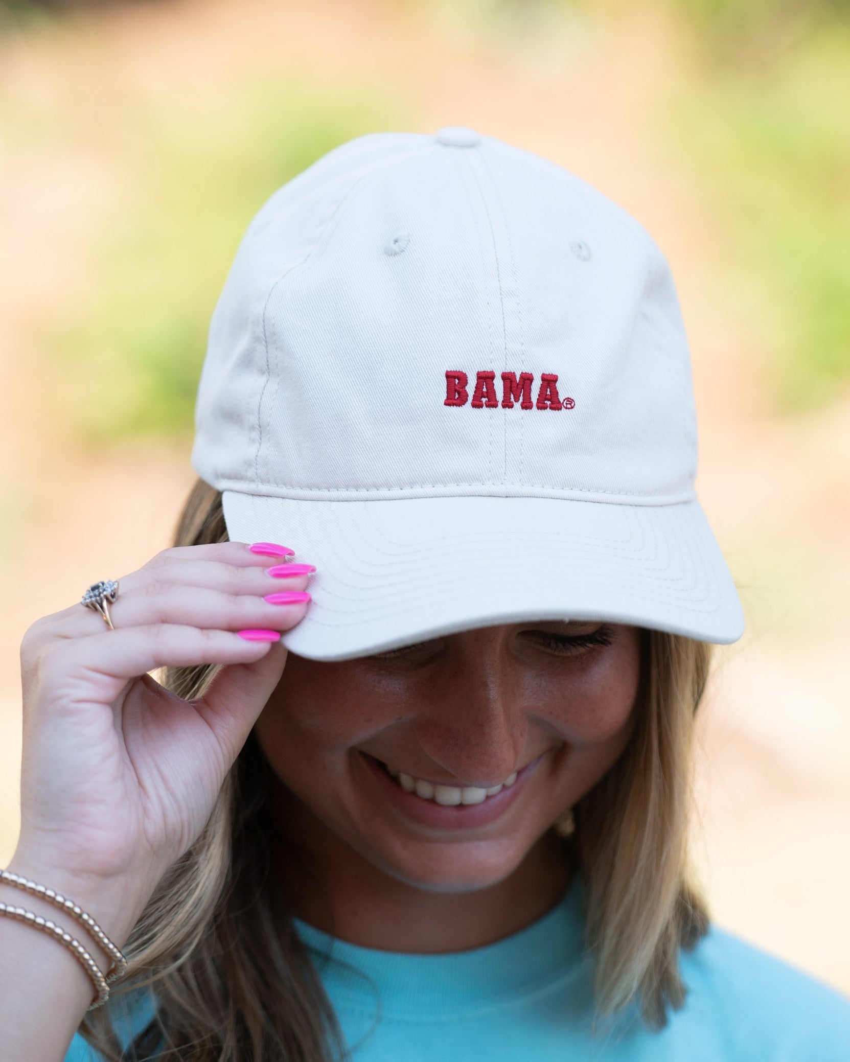 University of Alabama White Dad Hat with Red text "BAMA"