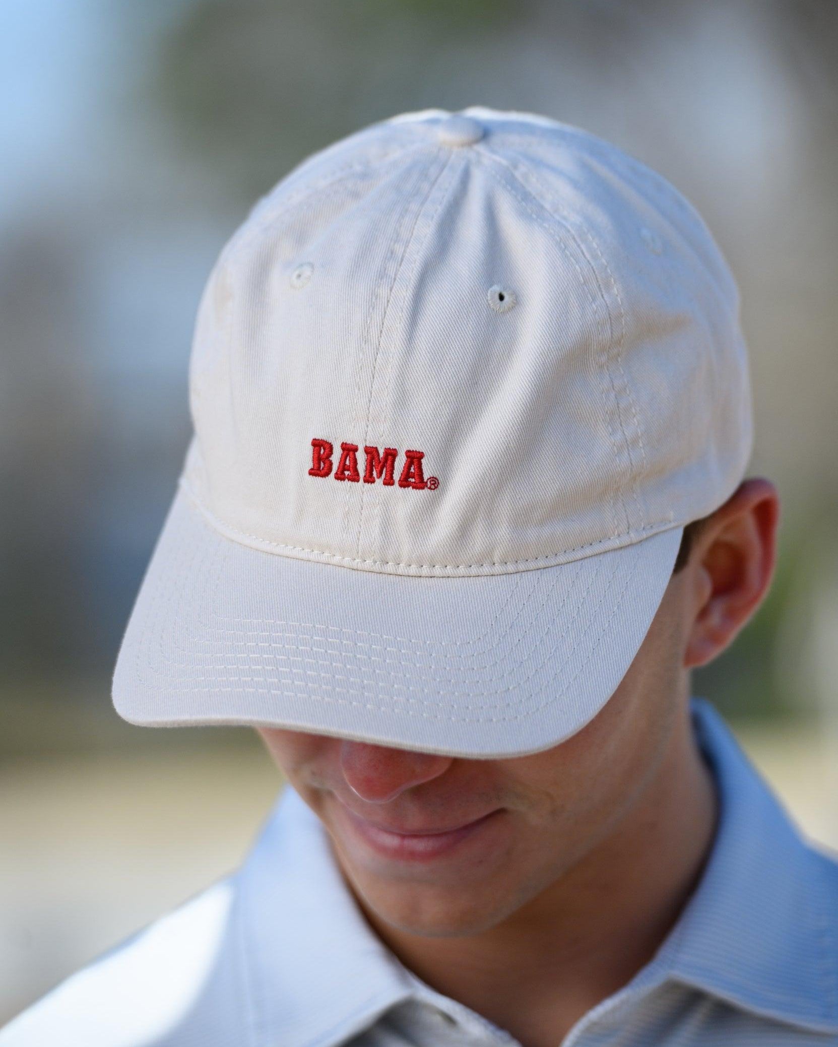 University of Alabama White Dad Hat with Red text "BAMA"