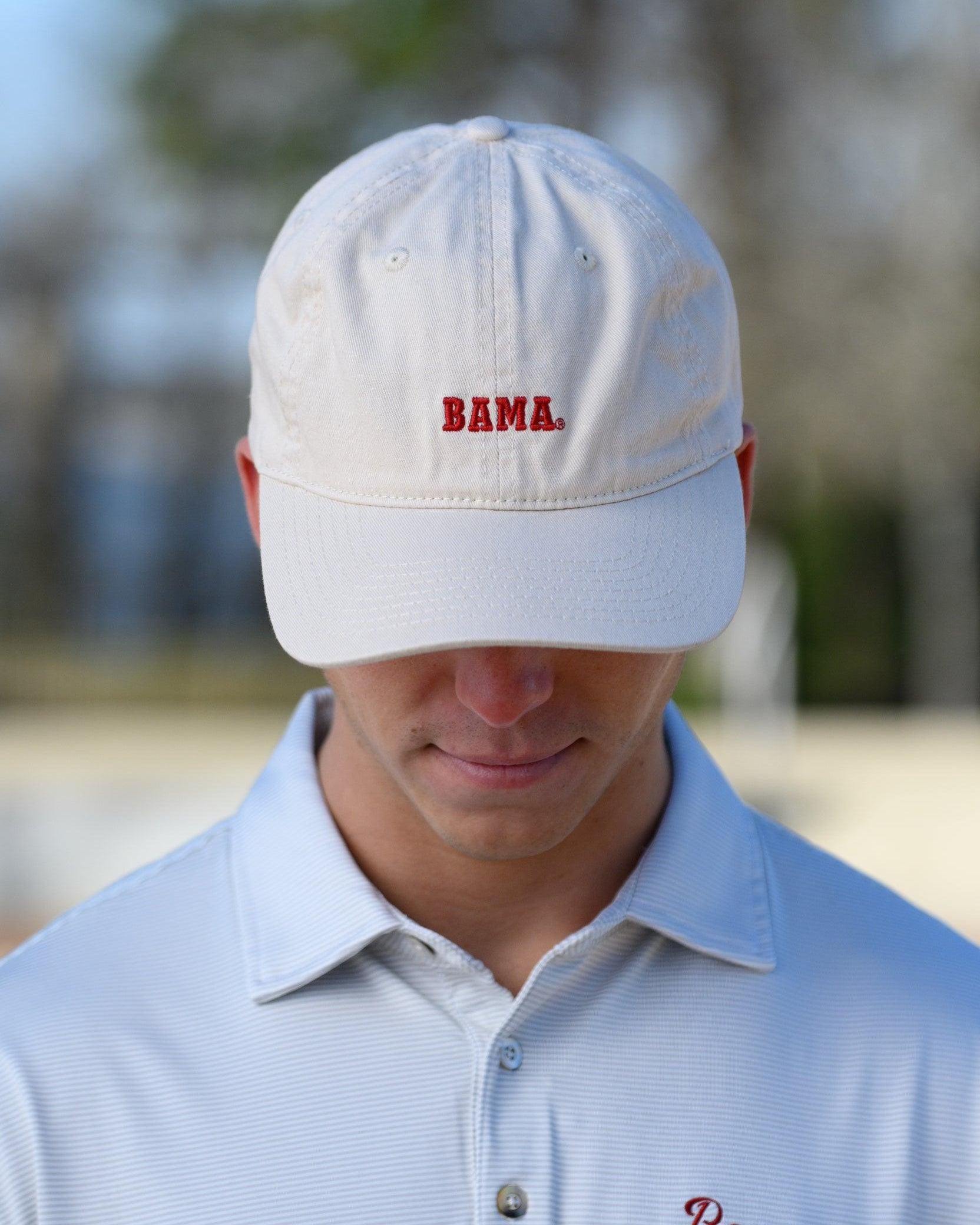 University of Alabama White Dad Hat with Red text "BAMA"