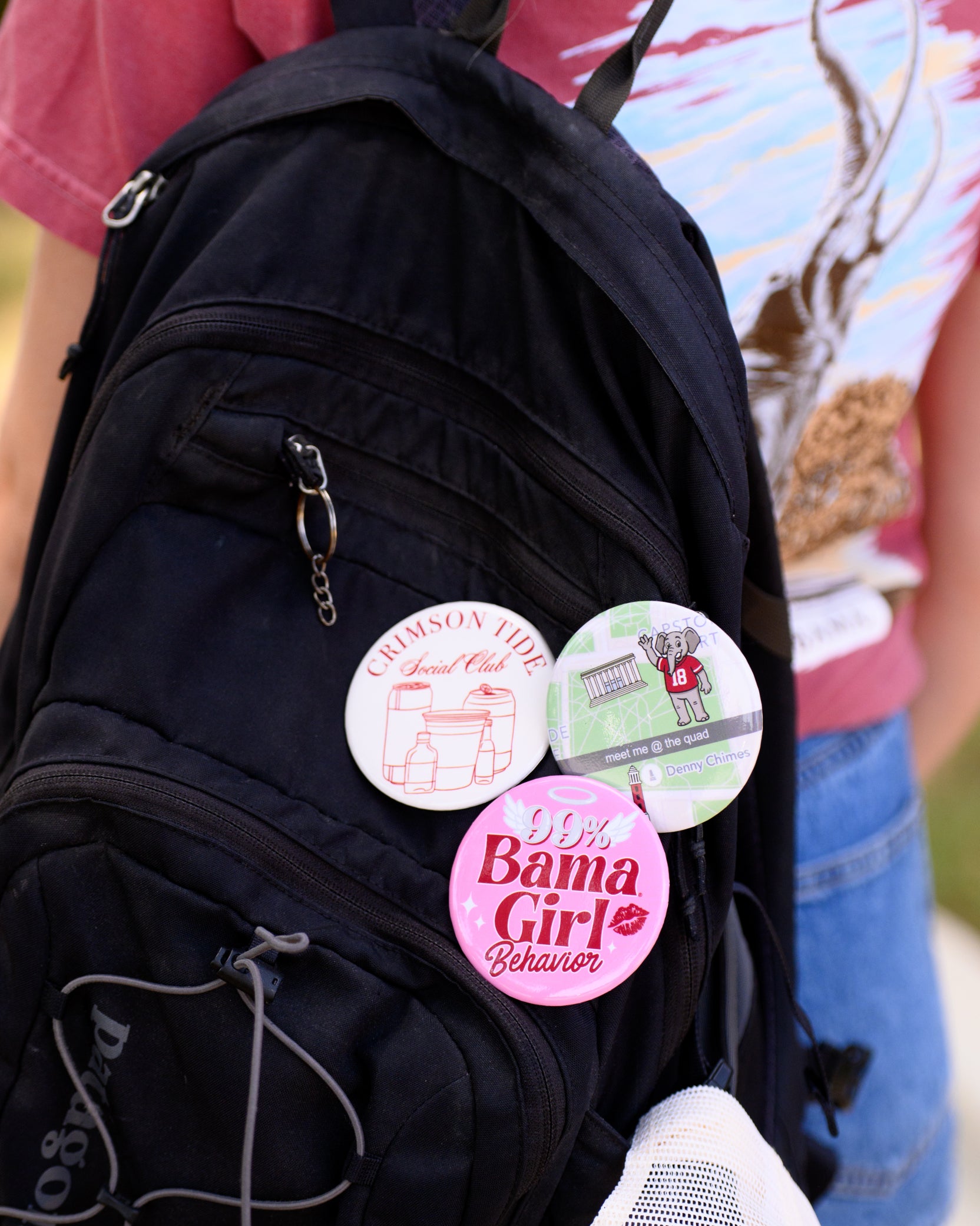 University of Alabama Pink Button with text “99% Bama Girl Behavior”