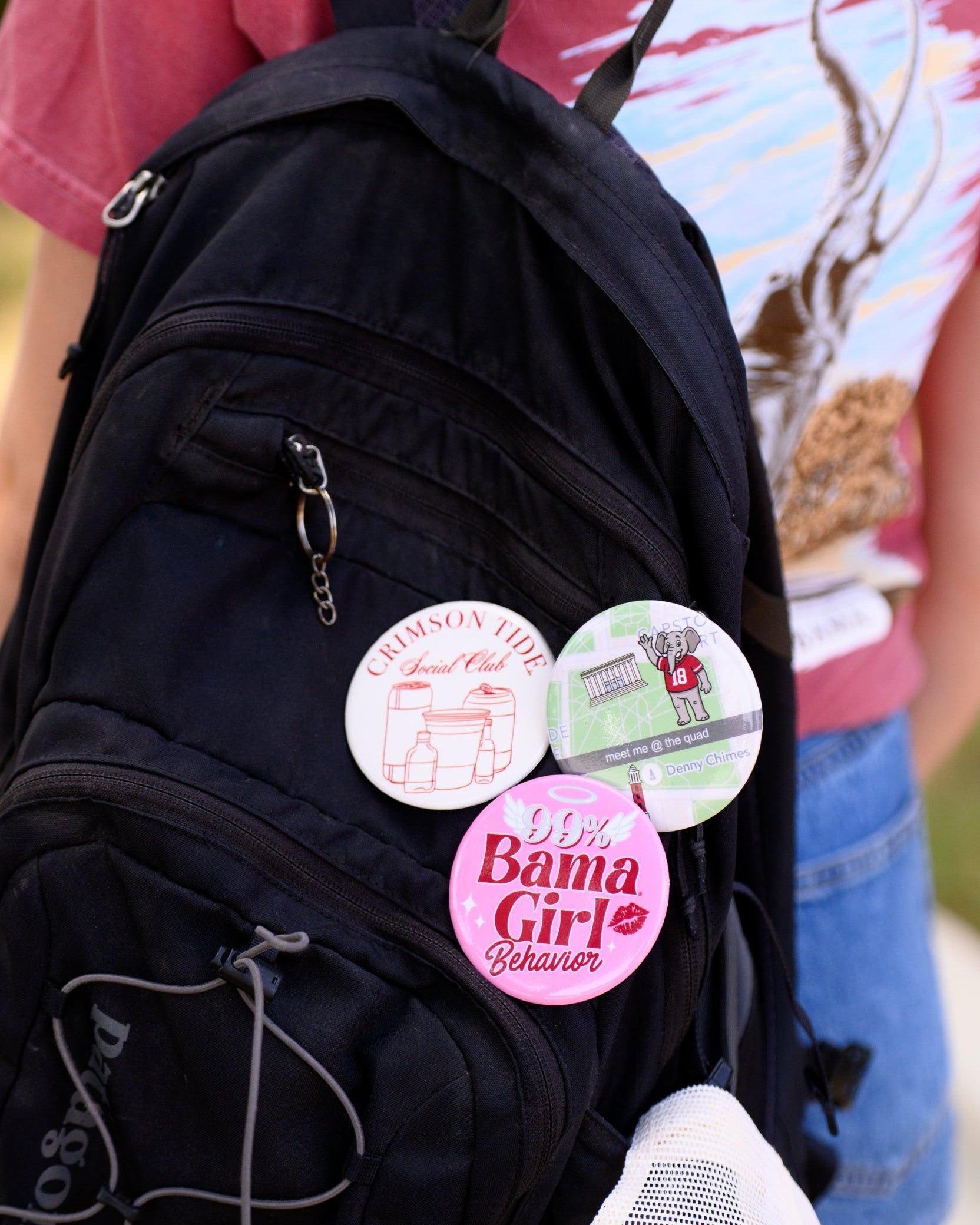 University of Alabama Pink Button with text “99% Bama Girl Behavior”
