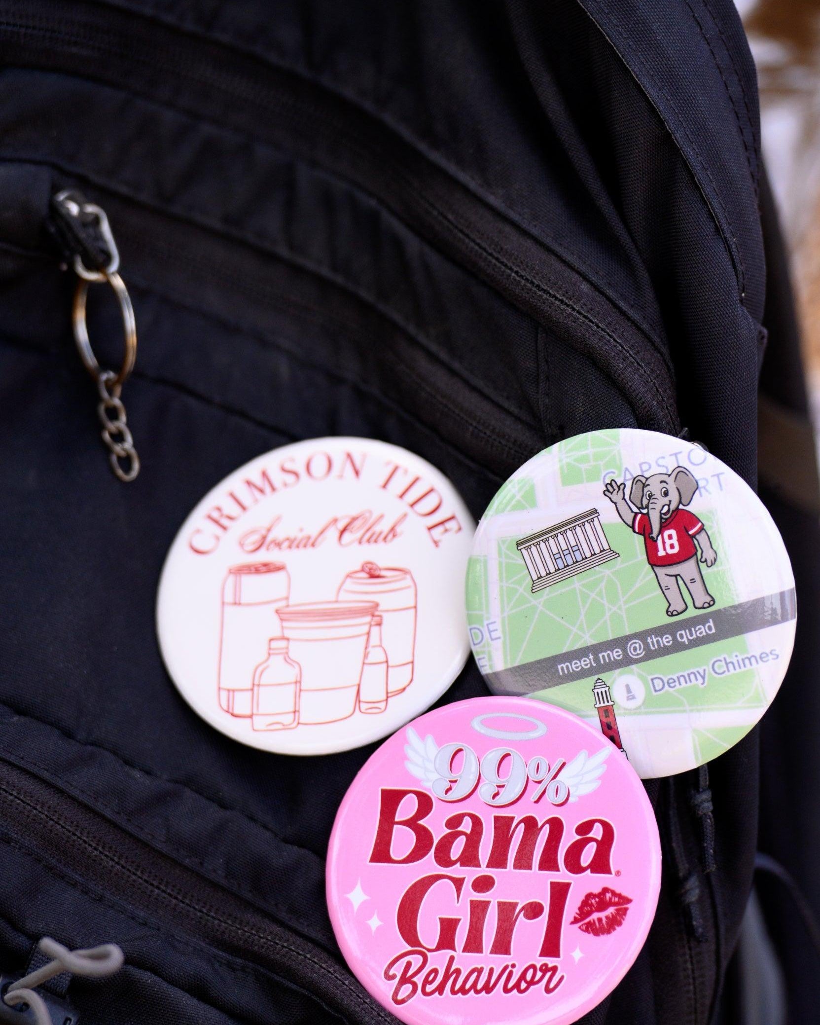 University of Alabama Pink Button with text “99% Bama Girl Behavior”