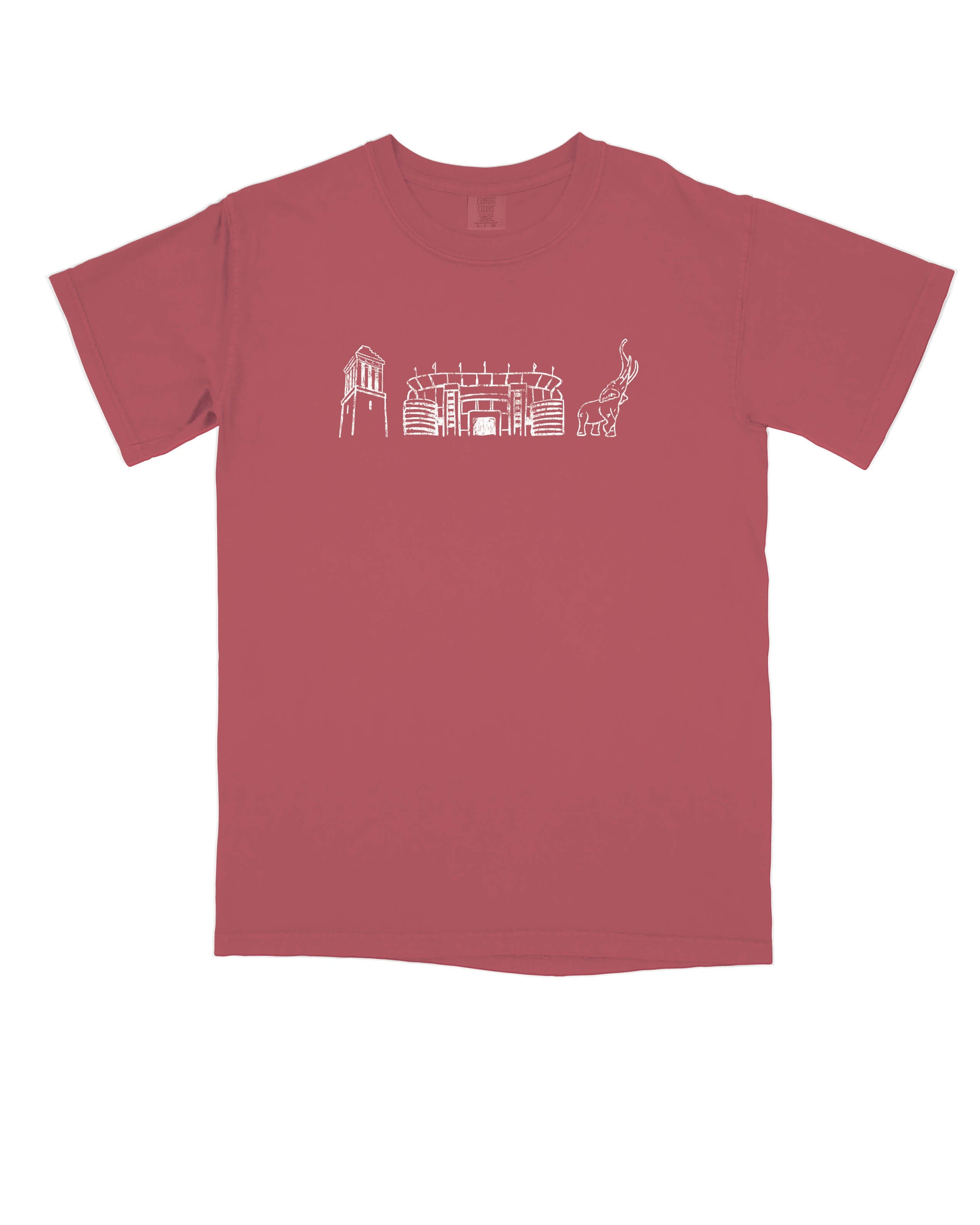 University of Alabama Red Youth T-Shirt with White sketches of Denny Chimes, Bryant-Denny Stadium, and the Tuska Statue