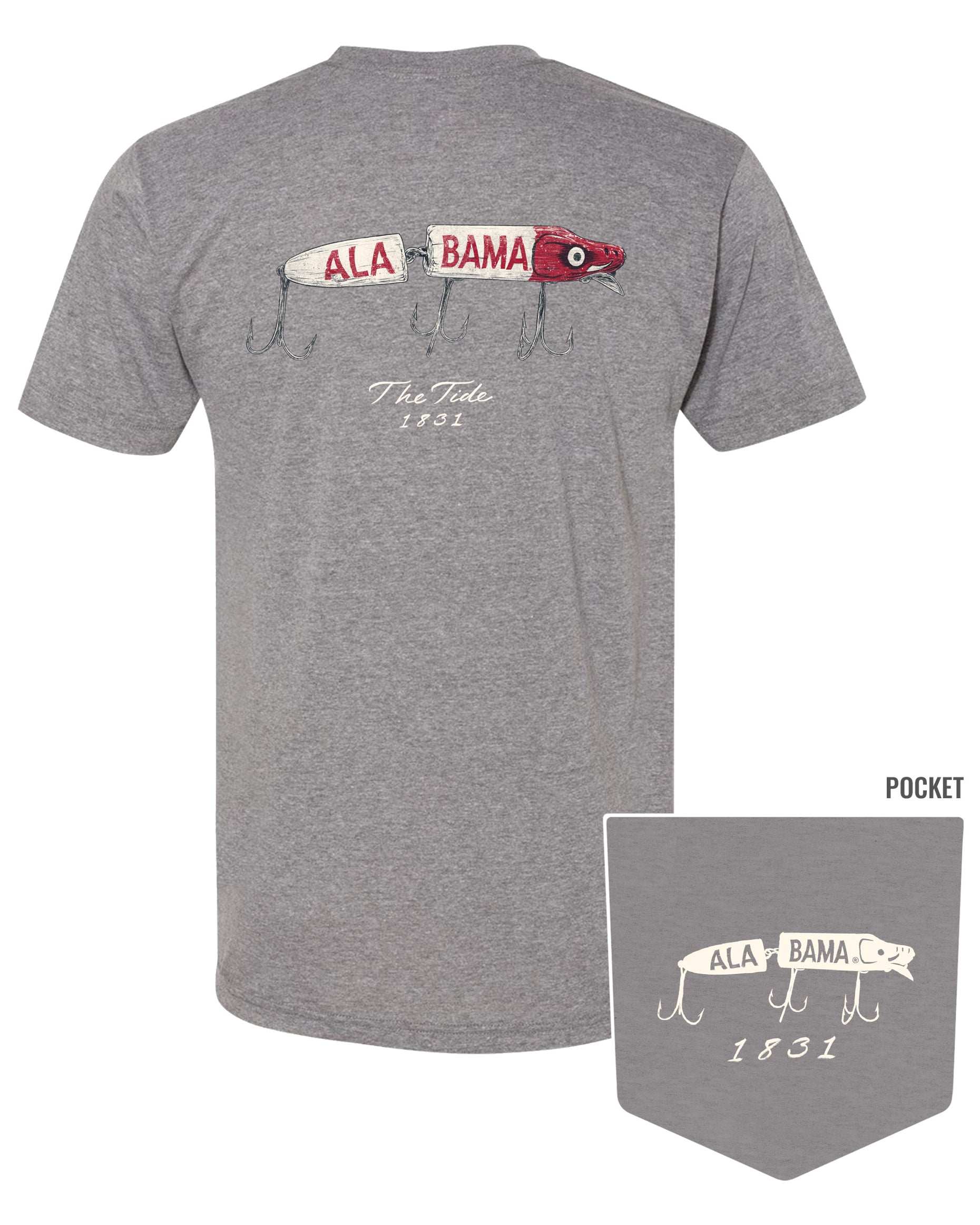 University of Alabama Gray T-Shirt with an image of a fishing lure with Red text "Alabama" above White text “The Tide 1831”