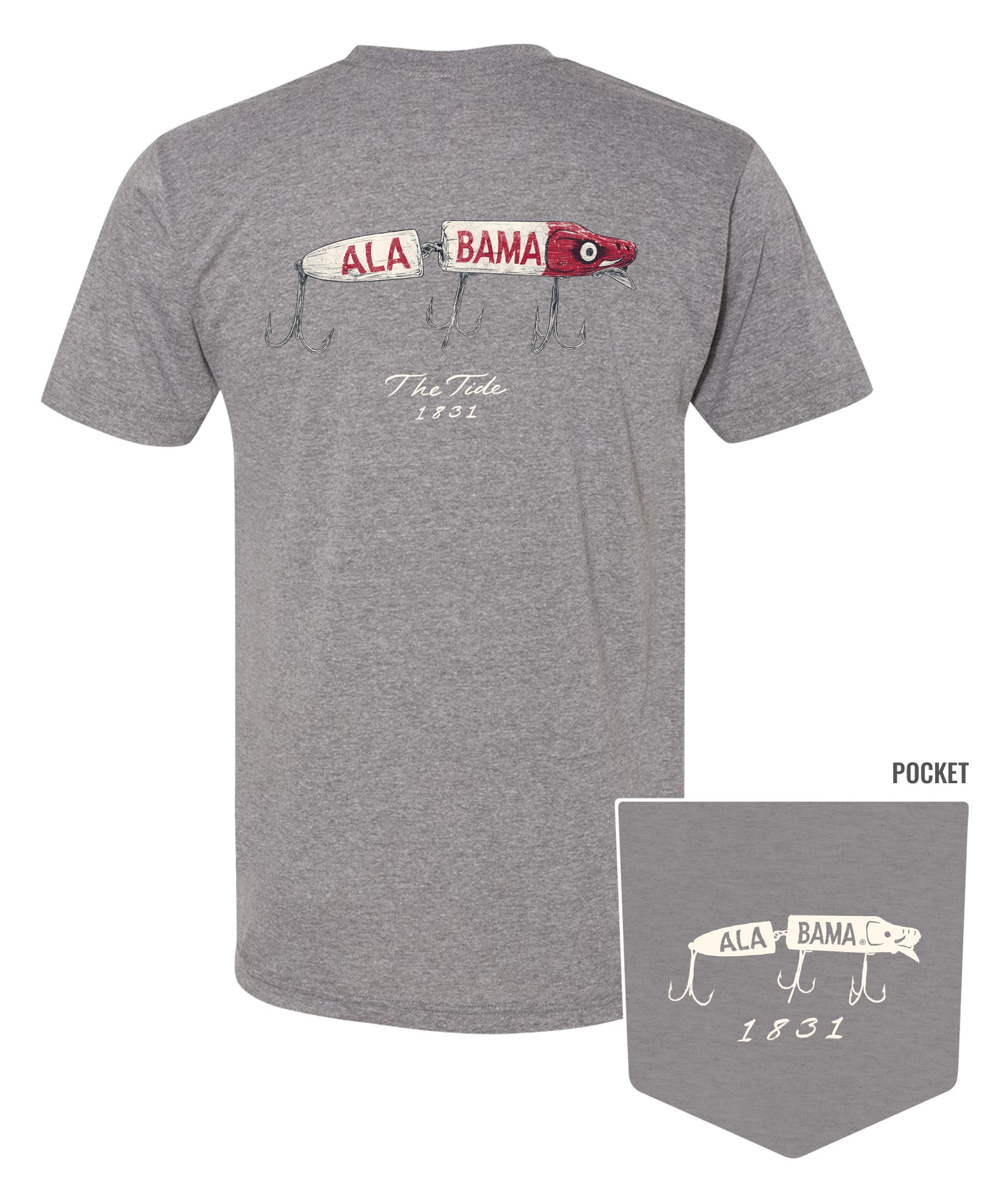 University of Alabama Gray T-Shirt with an image of a fishing lure with Red text "Alabama" above White text “The Tide 1831”