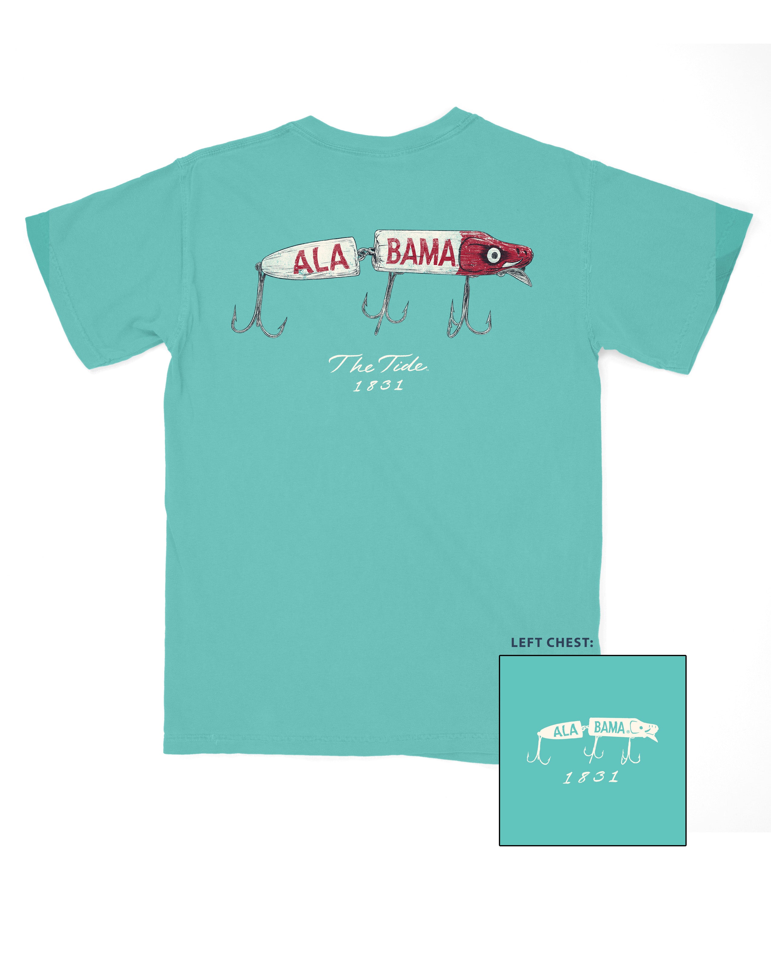 University of Alabama Teal Youth T-Shirt with an image of a fishing lure with Red text "Alabama" above White text “The Tide 1831”