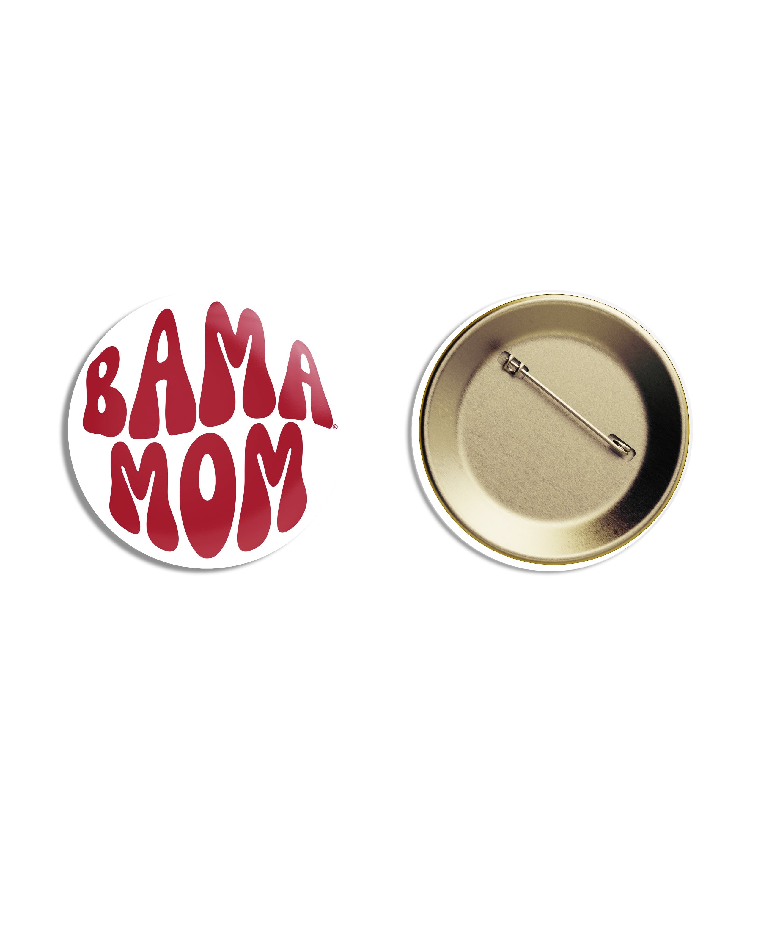 University of Alabama White Button with Red bubble letters that spell “Bama Mom”