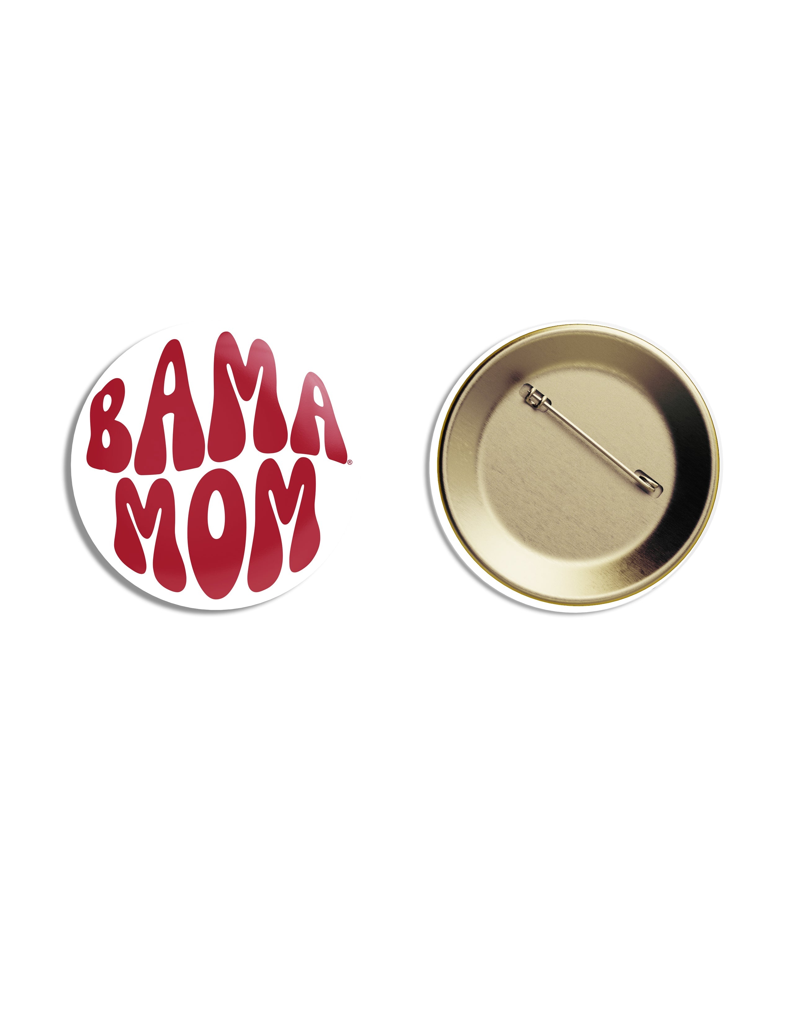 University of Alabama White Button with Red bubble letters that spell “Bama Mom”