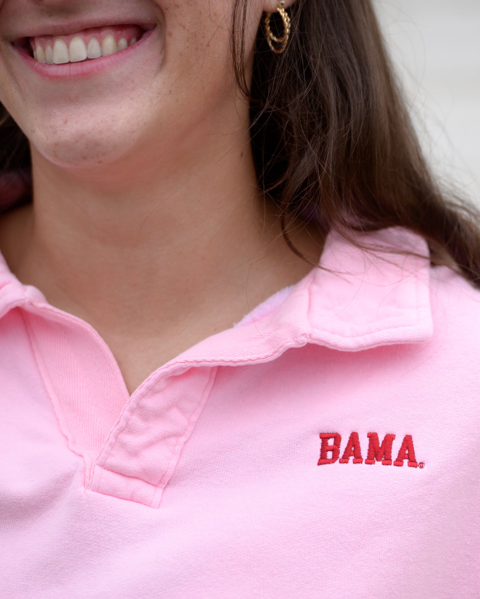 University of Alabama Pink Polo Sweatshirt with Red "Bama" embroidery