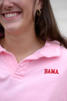 University of Alabama Pink Polo Sweatshirt with Red "Bama" embroidery