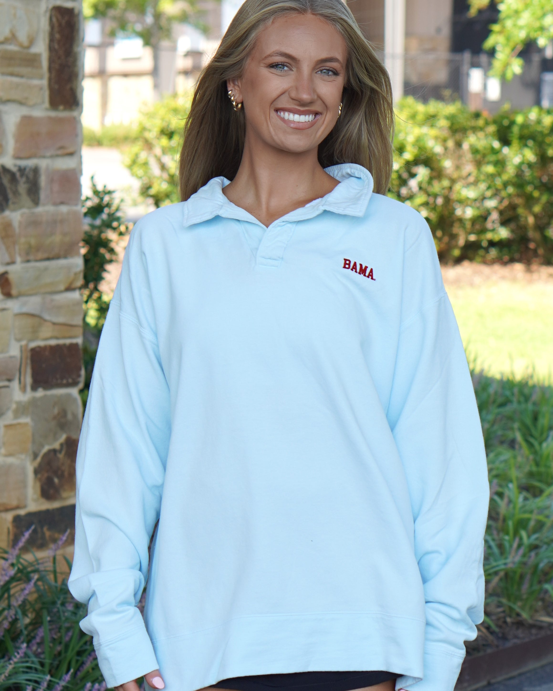 University of Alabama Light Blue Bama Polo Sweatshirt with Red "Bama" embroidery