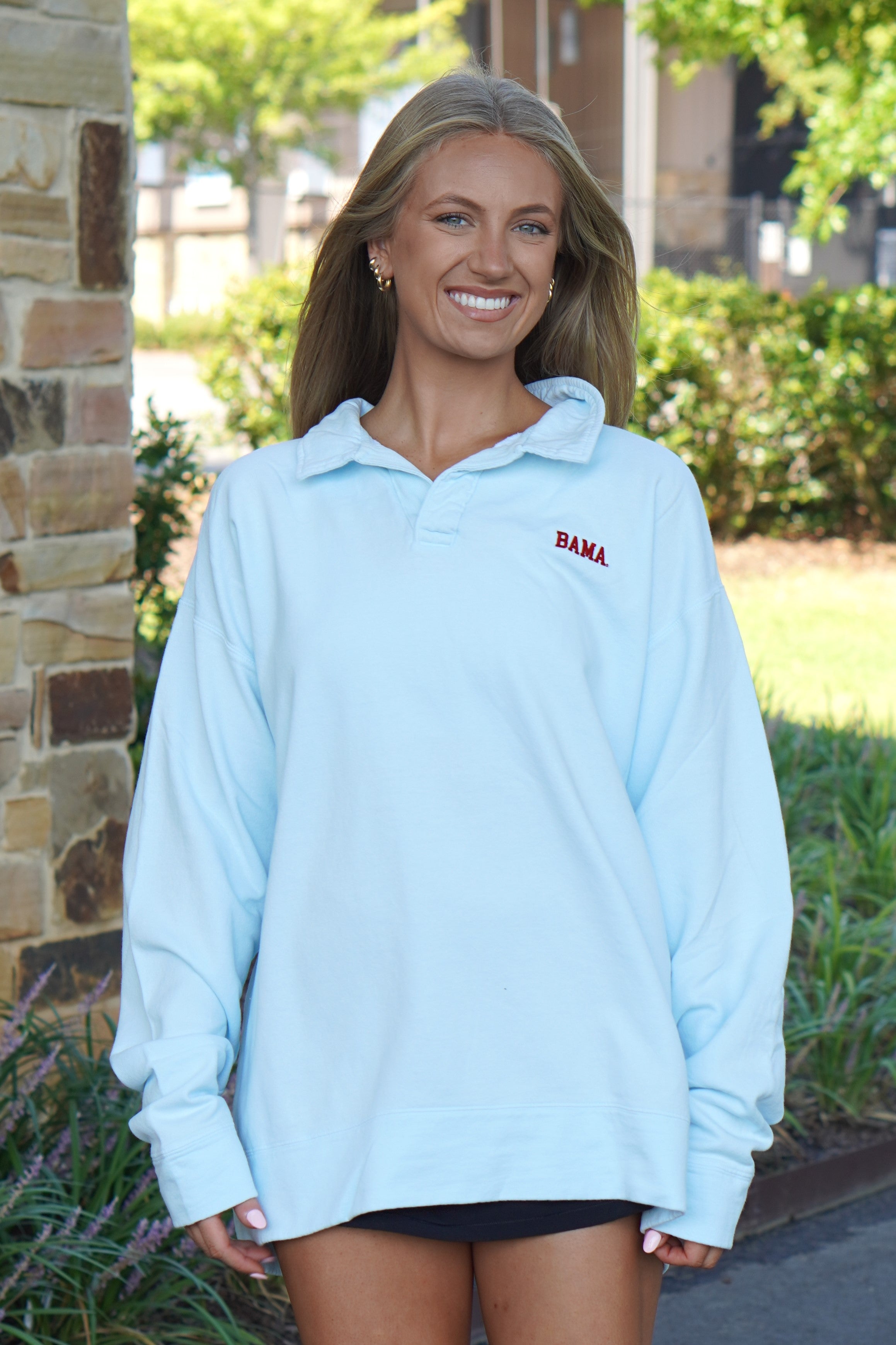 University of Alabama Light Blue Bama Polo Sweatshirt with Red "Bama" embroidery