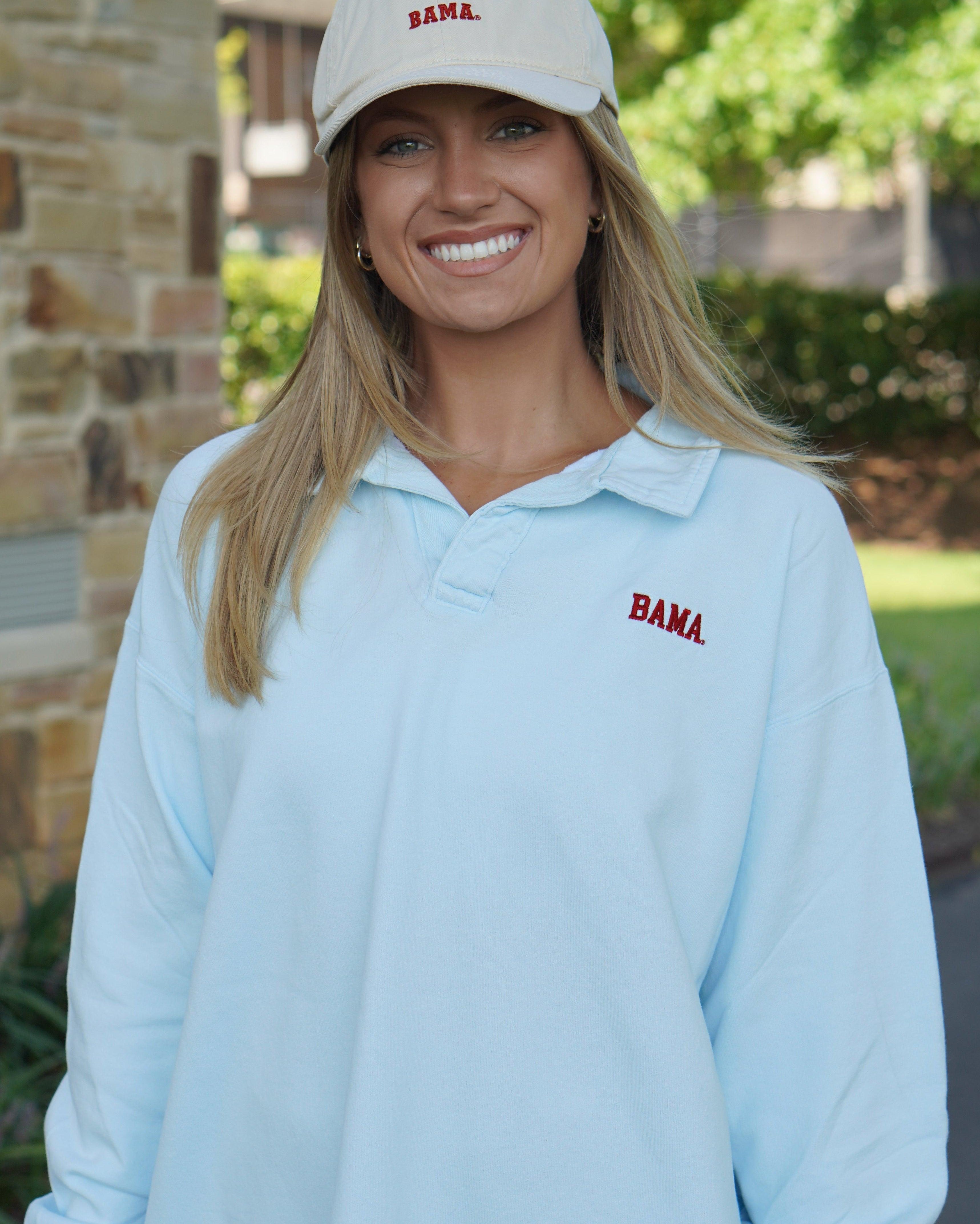 University of Alabama Light Blue Bama Polo Sweatshirt with Red "Bama" embroidery
