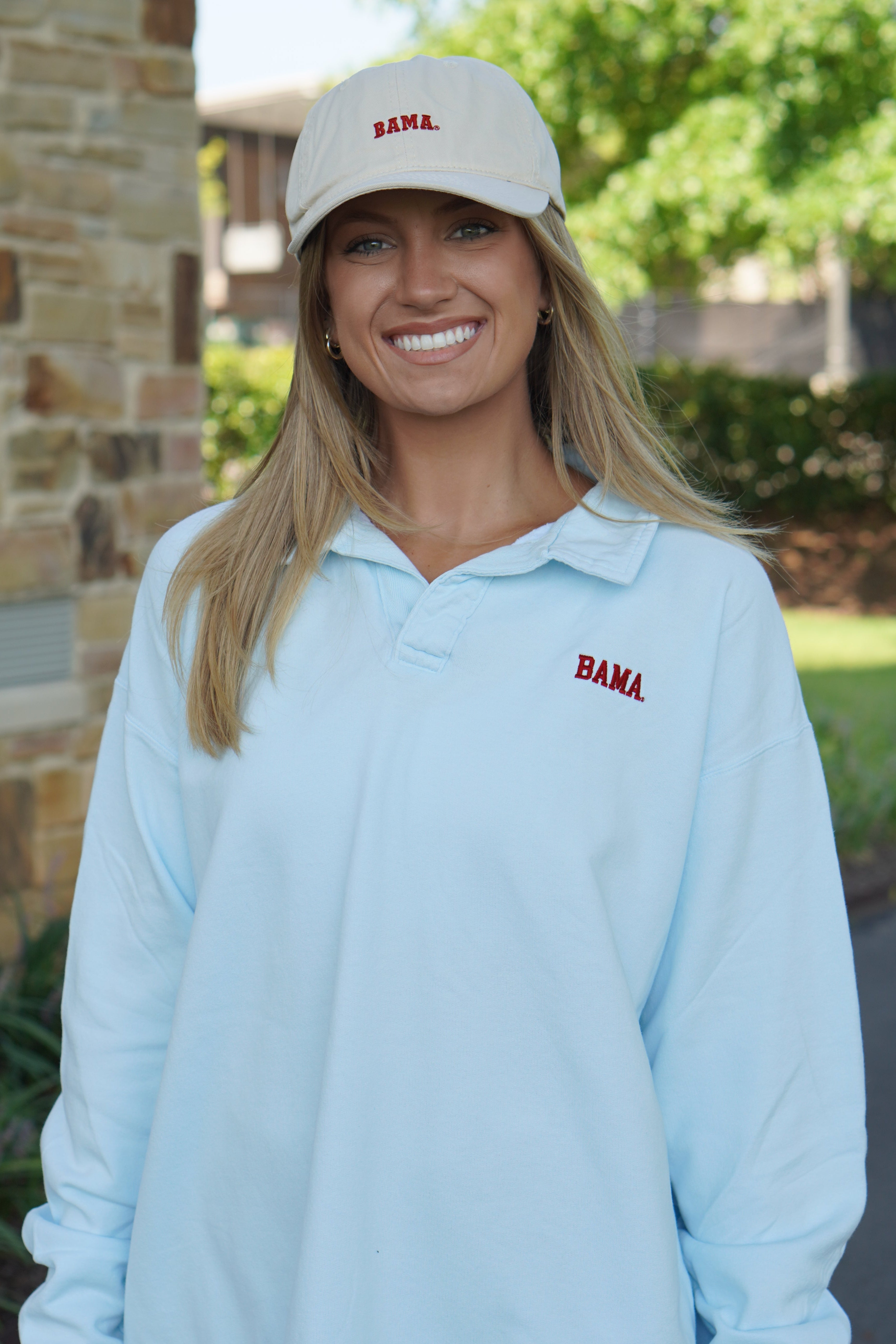 University of Alabama Light Blue Bama Polo Sweatshirt with Red "Bama" embroidery
