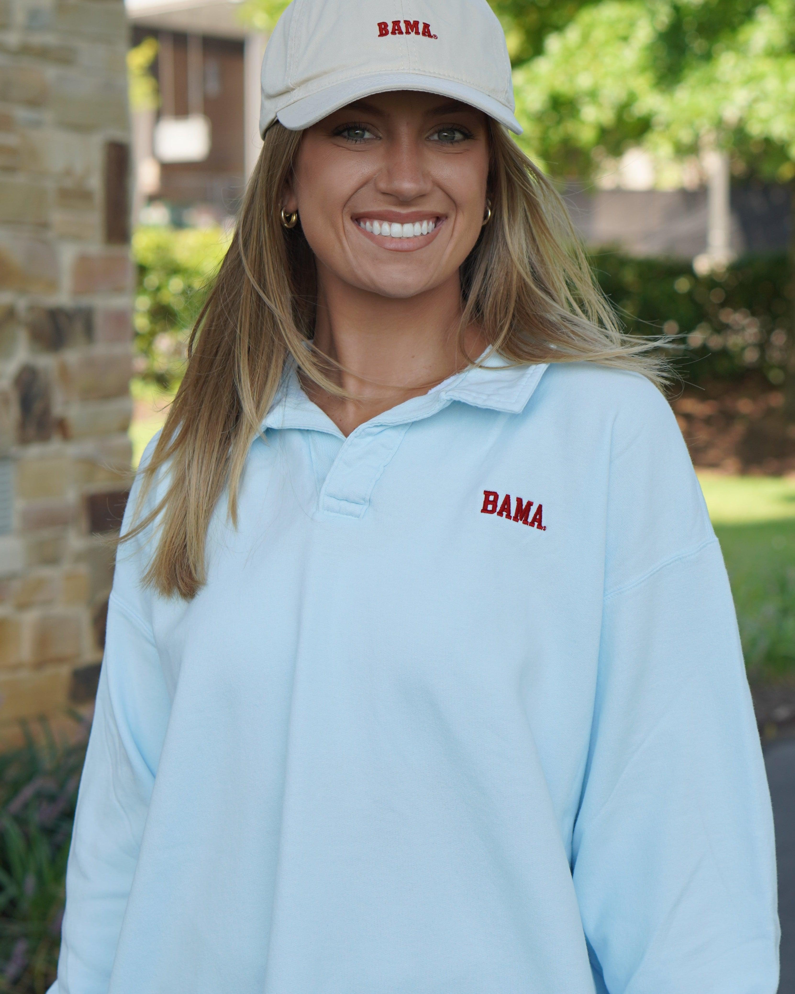 University of Alabama Light Blue Bama Polo Sweatshirt with Red "Bama" embroidery