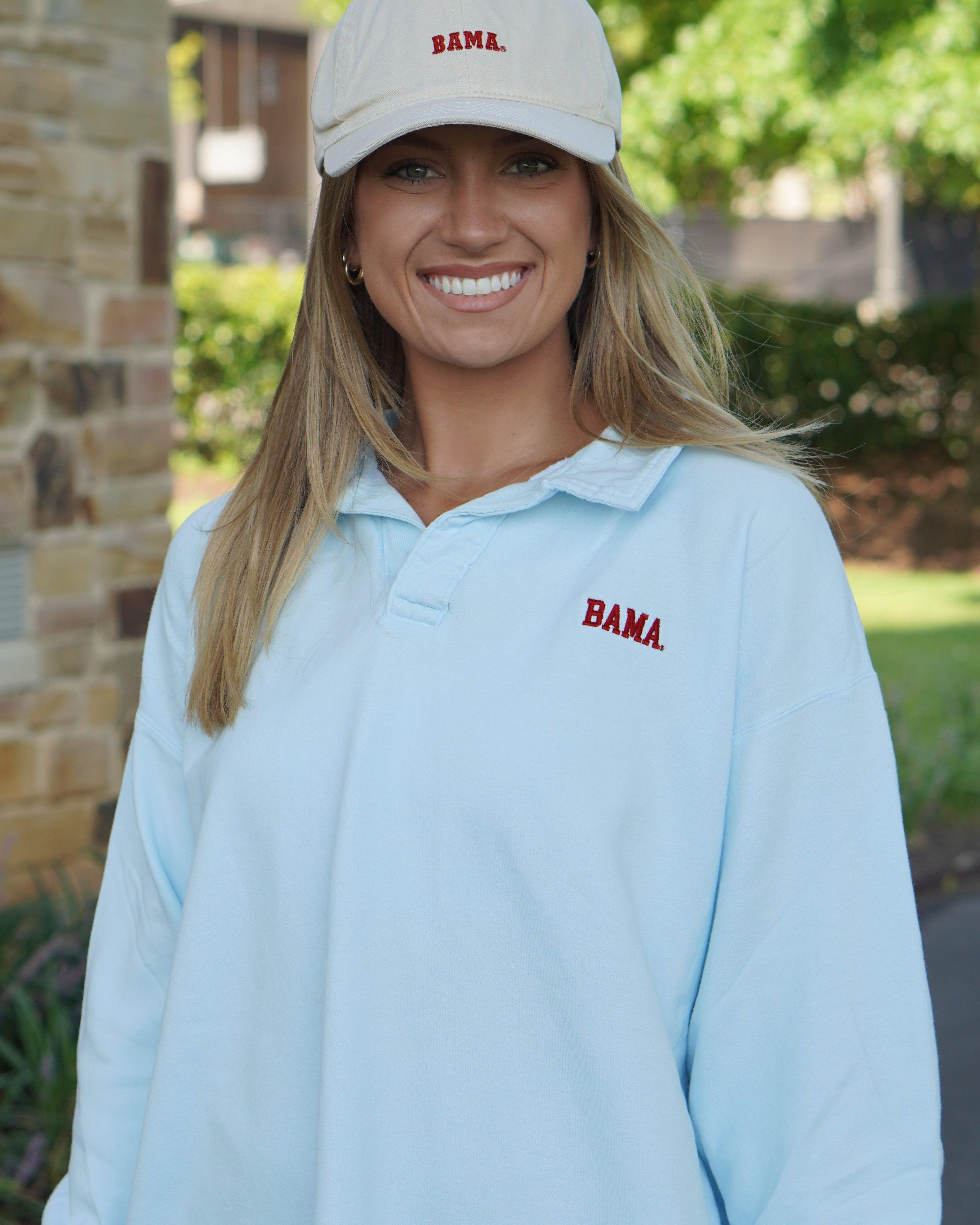 University of Alabama Light Blue Bama Polo Sweatshirt with Red "Bama" embroidery