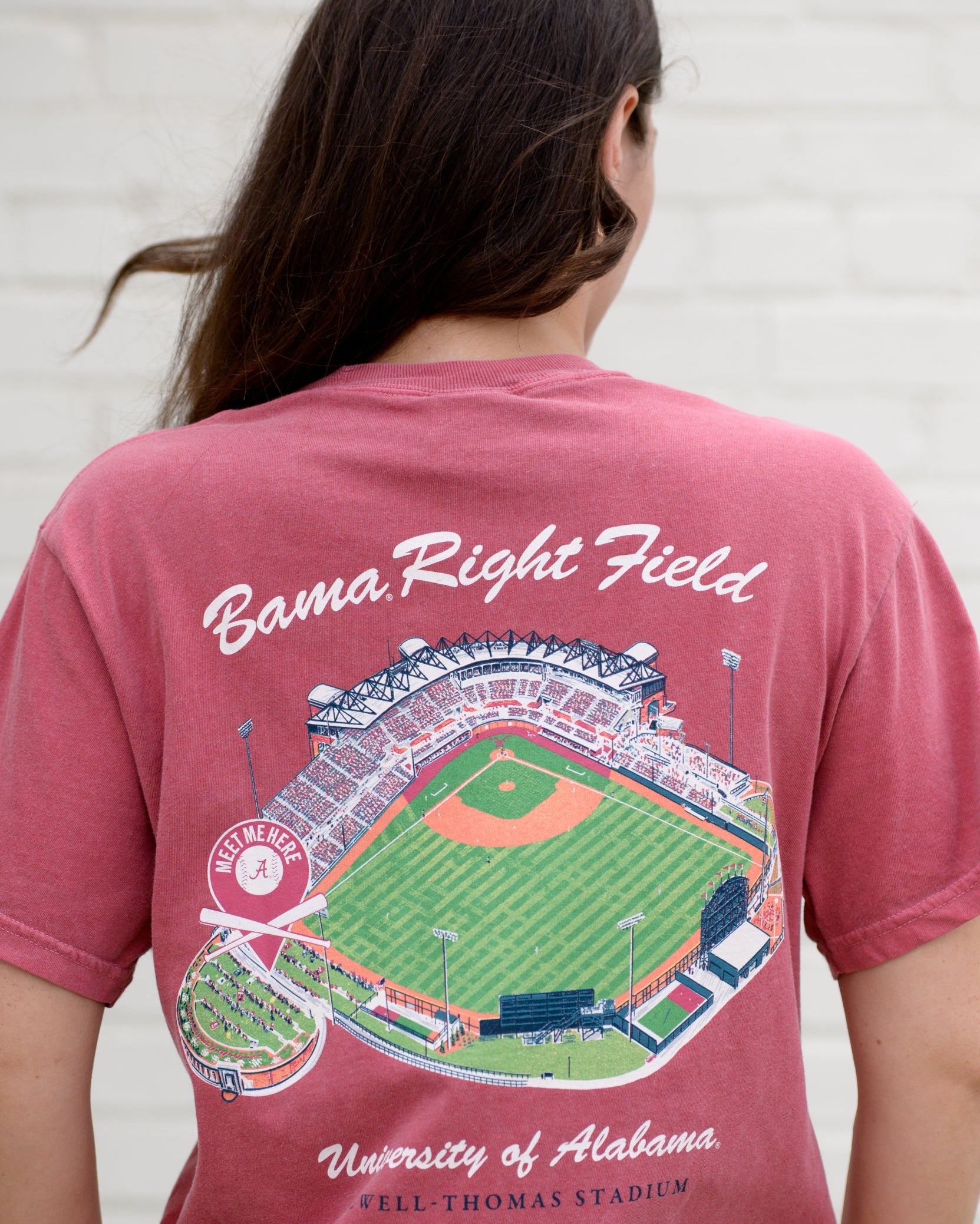 University of Alabama Bama Right Field Crimson Comfort Colors T- Shirt with an image of Sewell Thomas Stadium and a pin pointing to Right Field