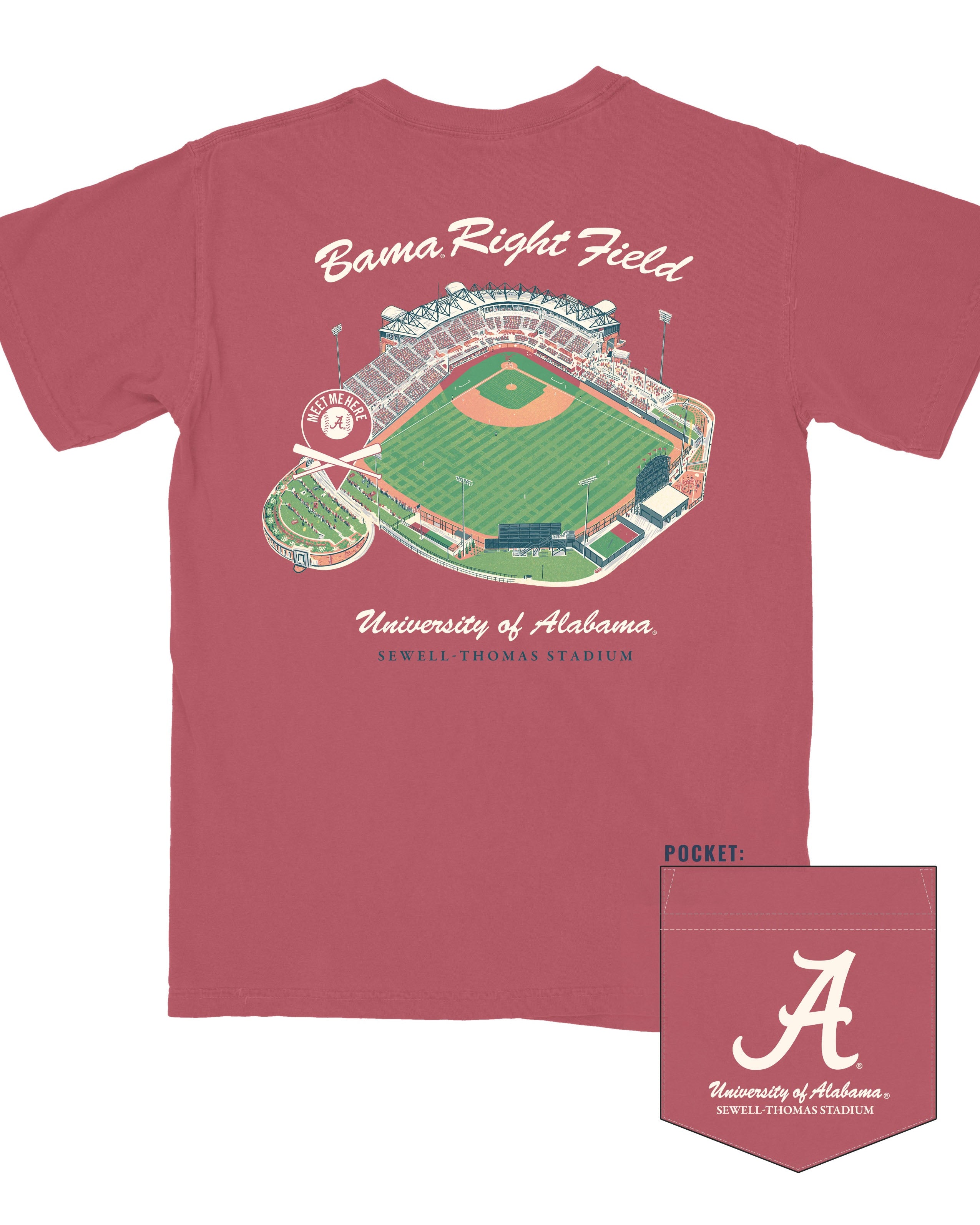 University of Alabama Bama Right Field Crimson Comfort Colors T- Shirt with an image of Sewell Thomas Stadium and a pin pointing to Right Field