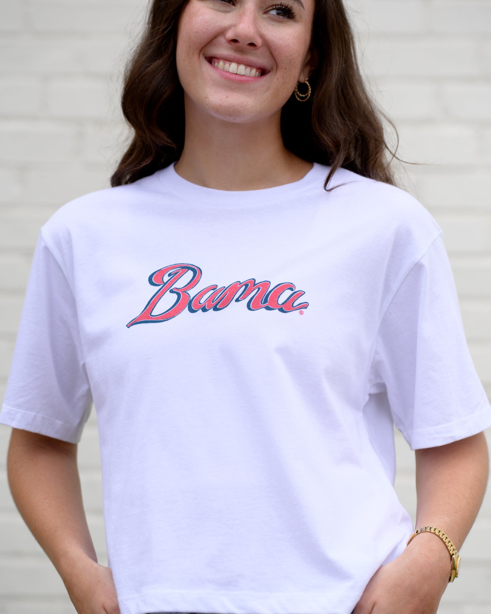 University of Alabama White Ladies' T-Shirt with Red script "Bama" print