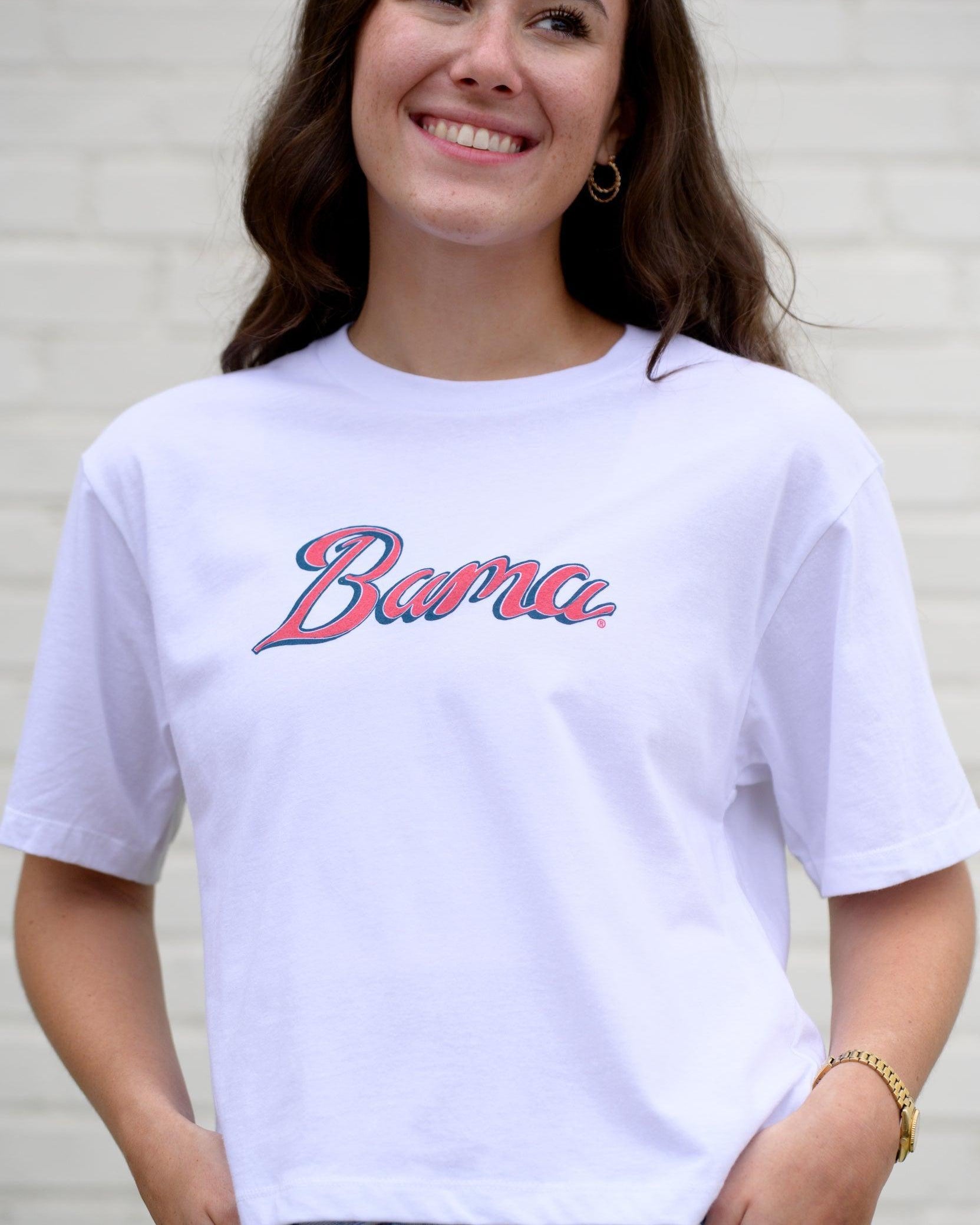 University of Alabama White Ladies' T-Shirt with Red script "Bama" print