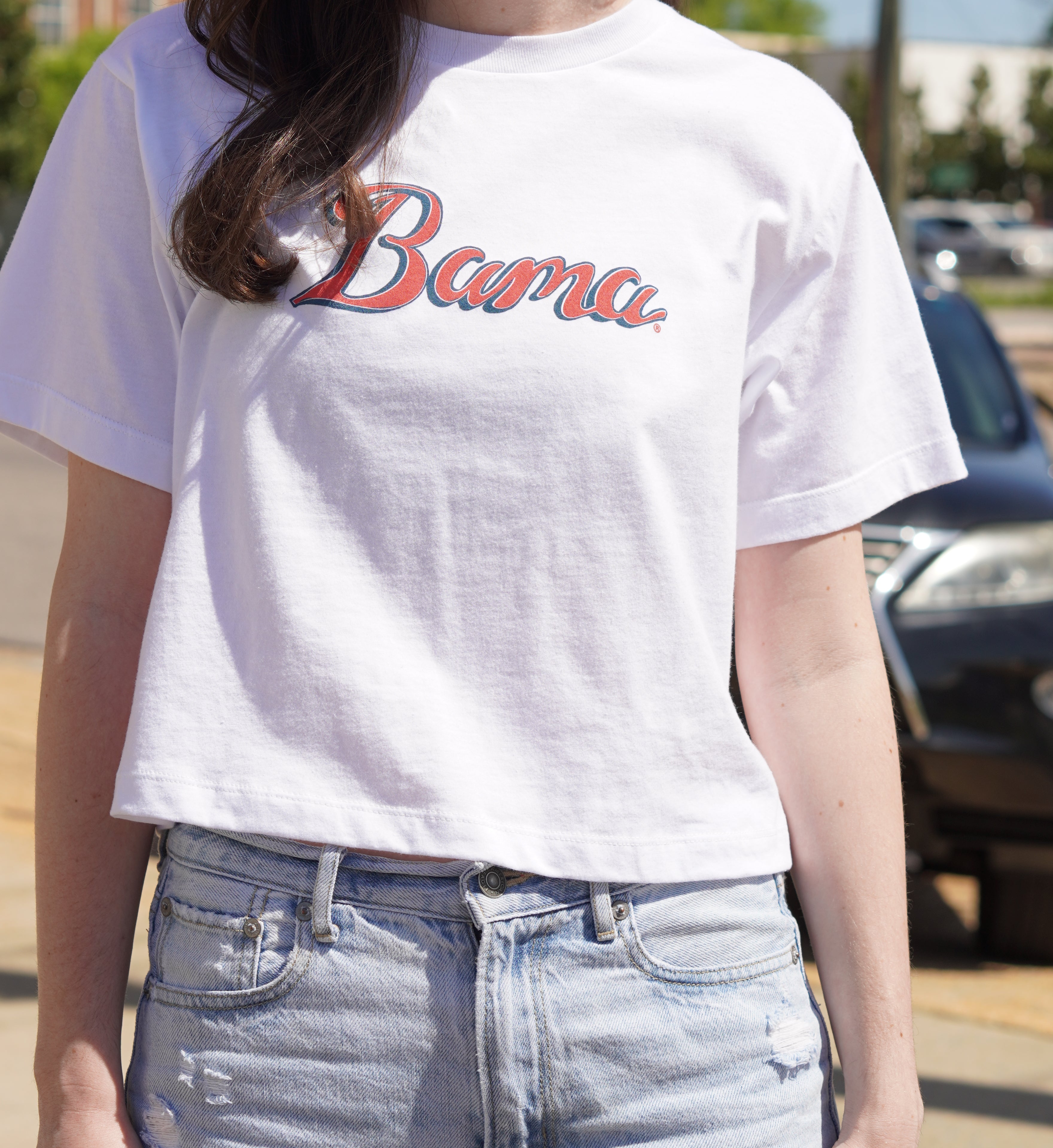 University of Alabama White Ladies' T-Shirt with Red script "Bama" print