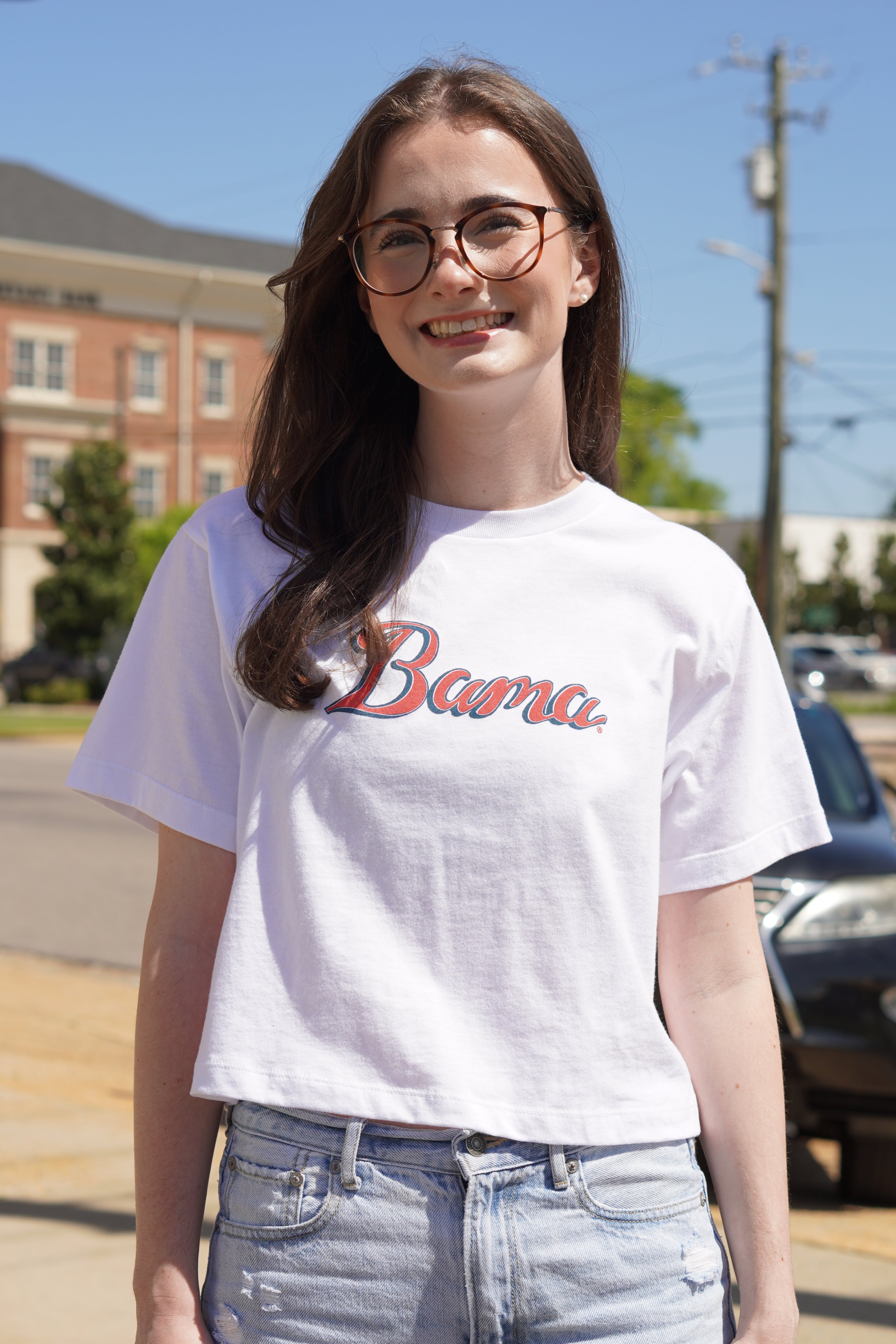 University of Alabama White Ladies' T-Shirt with Red script "Bama" print
