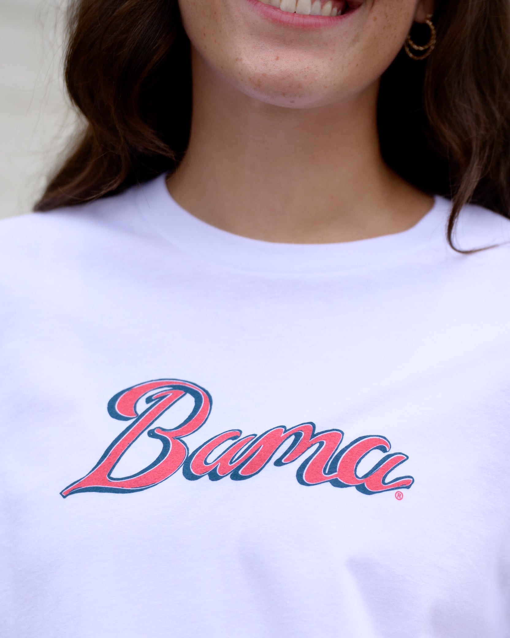 University of Alabama White Ladies' T-Shirt with Red script "Bama" print