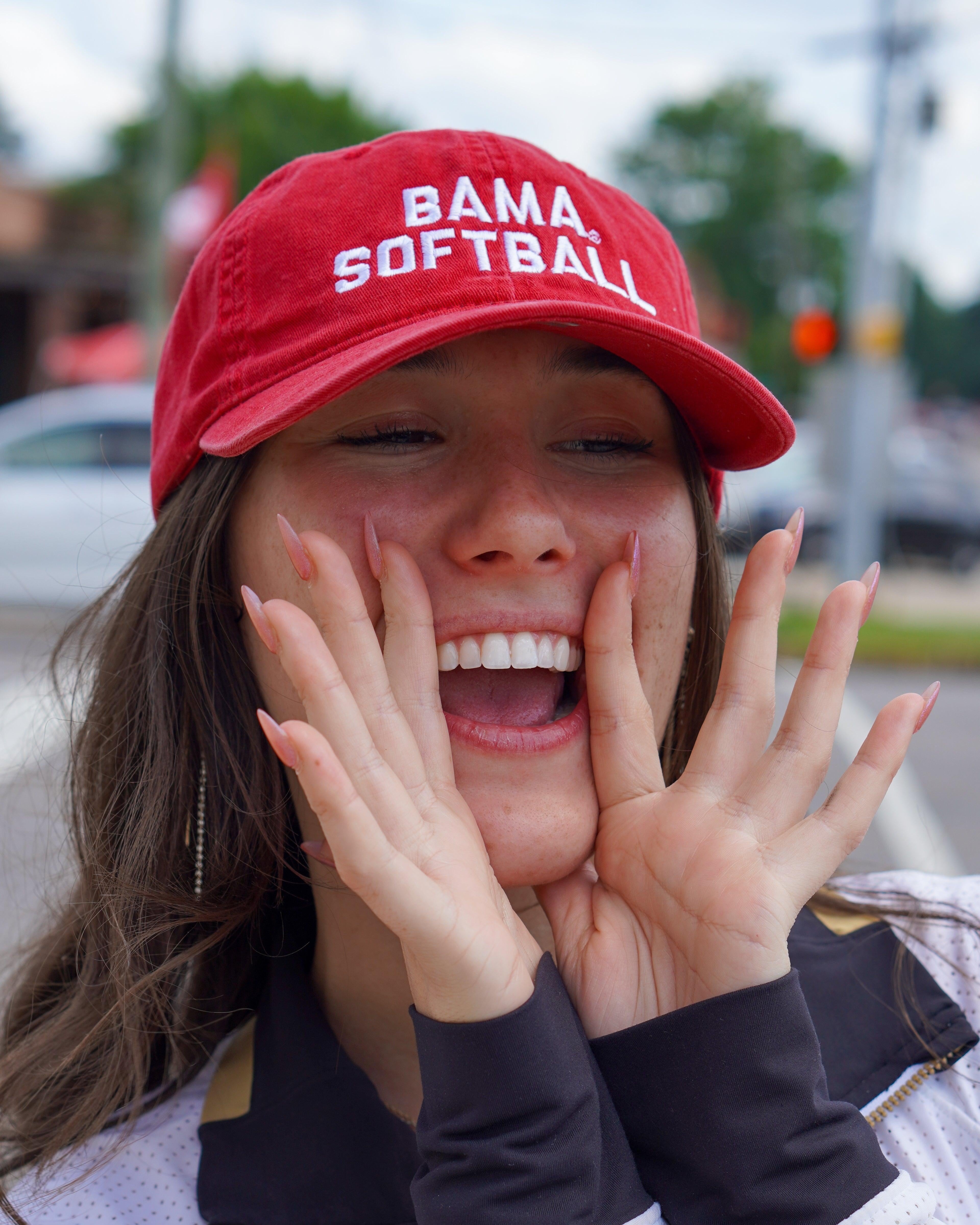 University of Alabama Red Dad Hat with White "Bama Softball" Embroidery