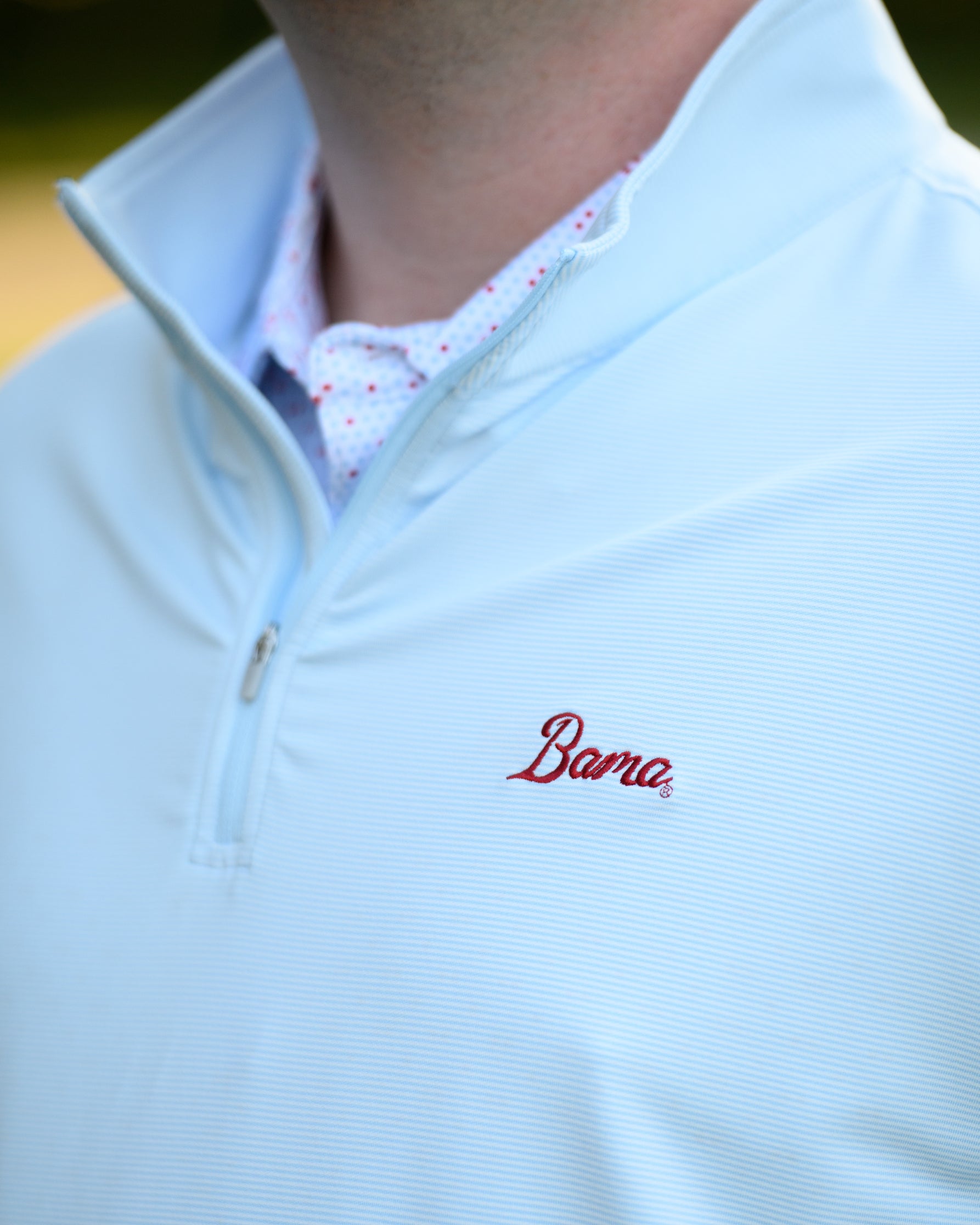 University of Alabama Light Blue Men's 1/4 Zip with Red script "Bama" Embroidery