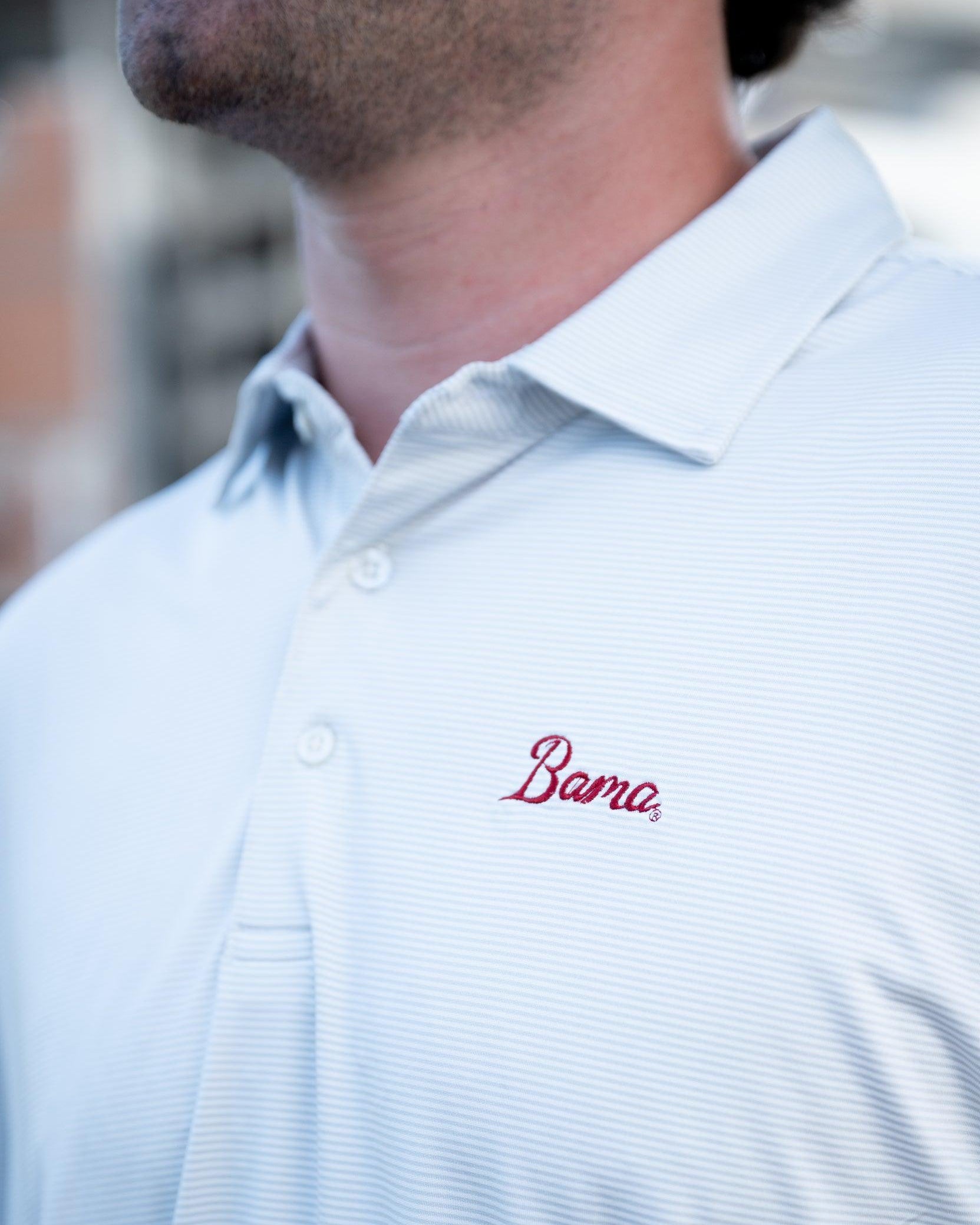 University of Alabama Grey Men's Polo with Red script "Bama" Embroidery