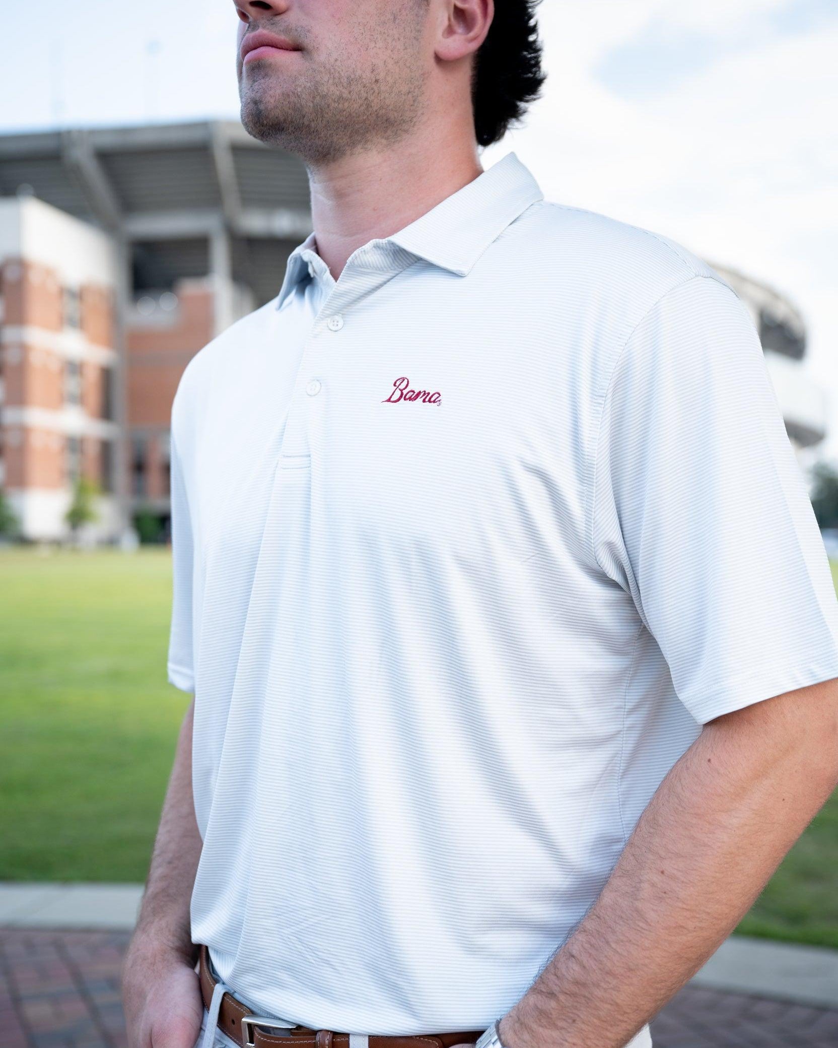 University of Alabama Grey Men's Polo with Red script "Bama" Embroidery