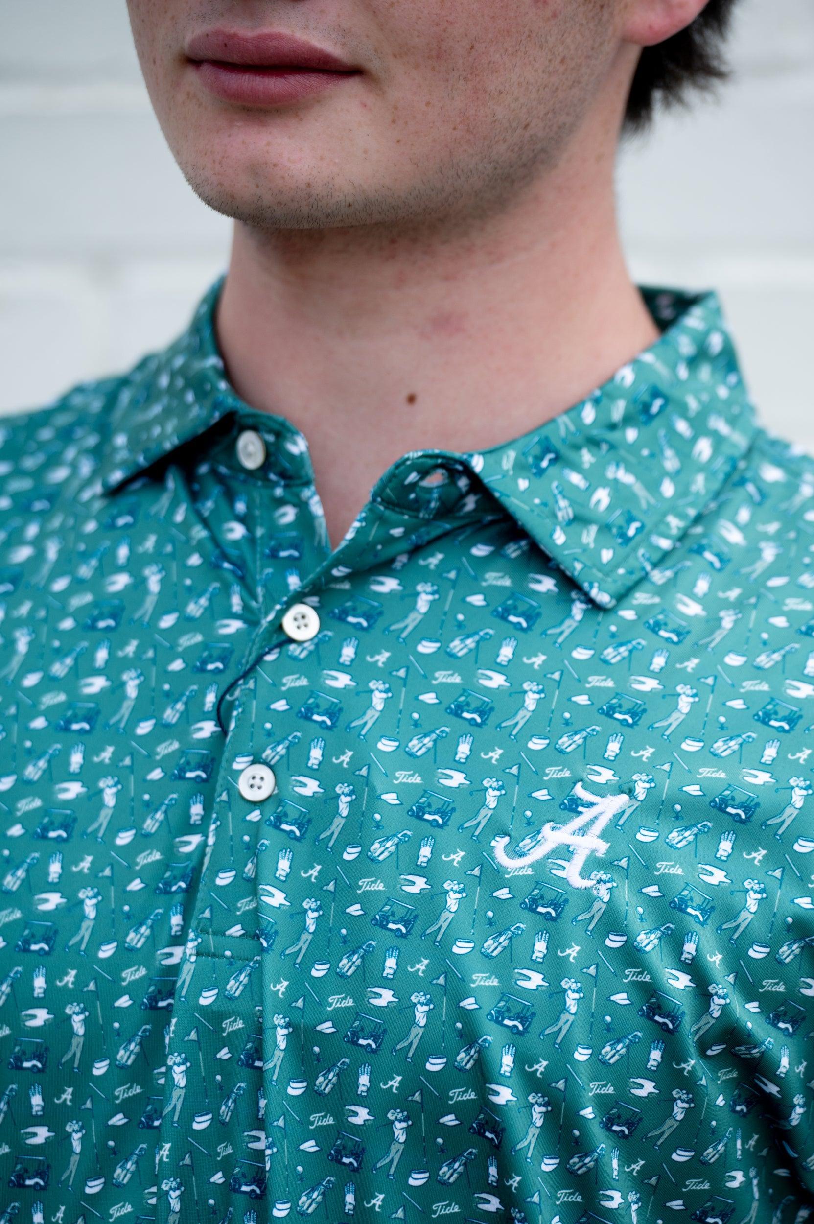 University of Alabama Green Men’s Polo with an Alabama golf-themed pattern and Silver Script A Logo embroidery