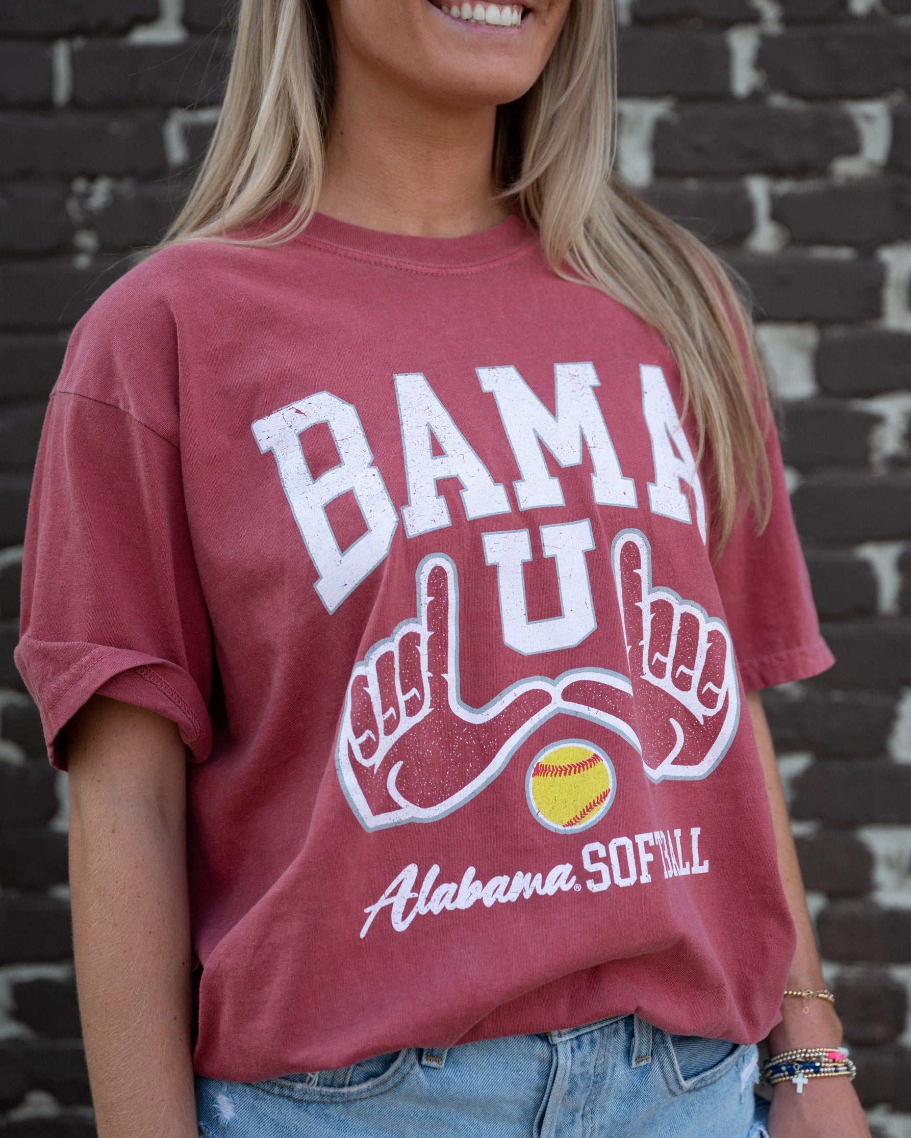 University of Alabama White Bama U Comfort Colors T-Shirt with a graphic of two hands making "L's" above text "Alabama Softball"