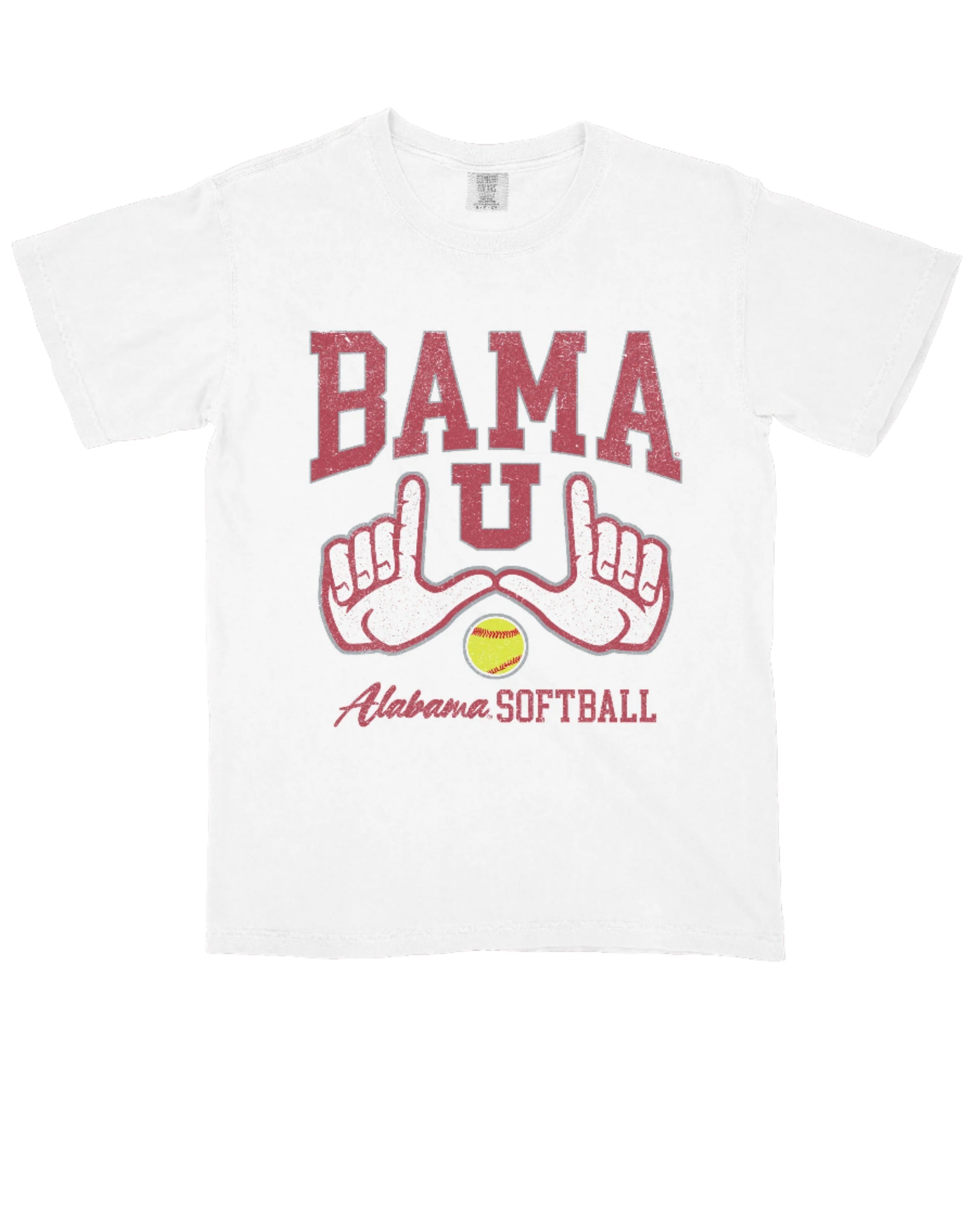 University of Alabama White Bama U Comfort Colors T-Shirt with a graphic of two hands making "L's" above text "Alabama Softball"