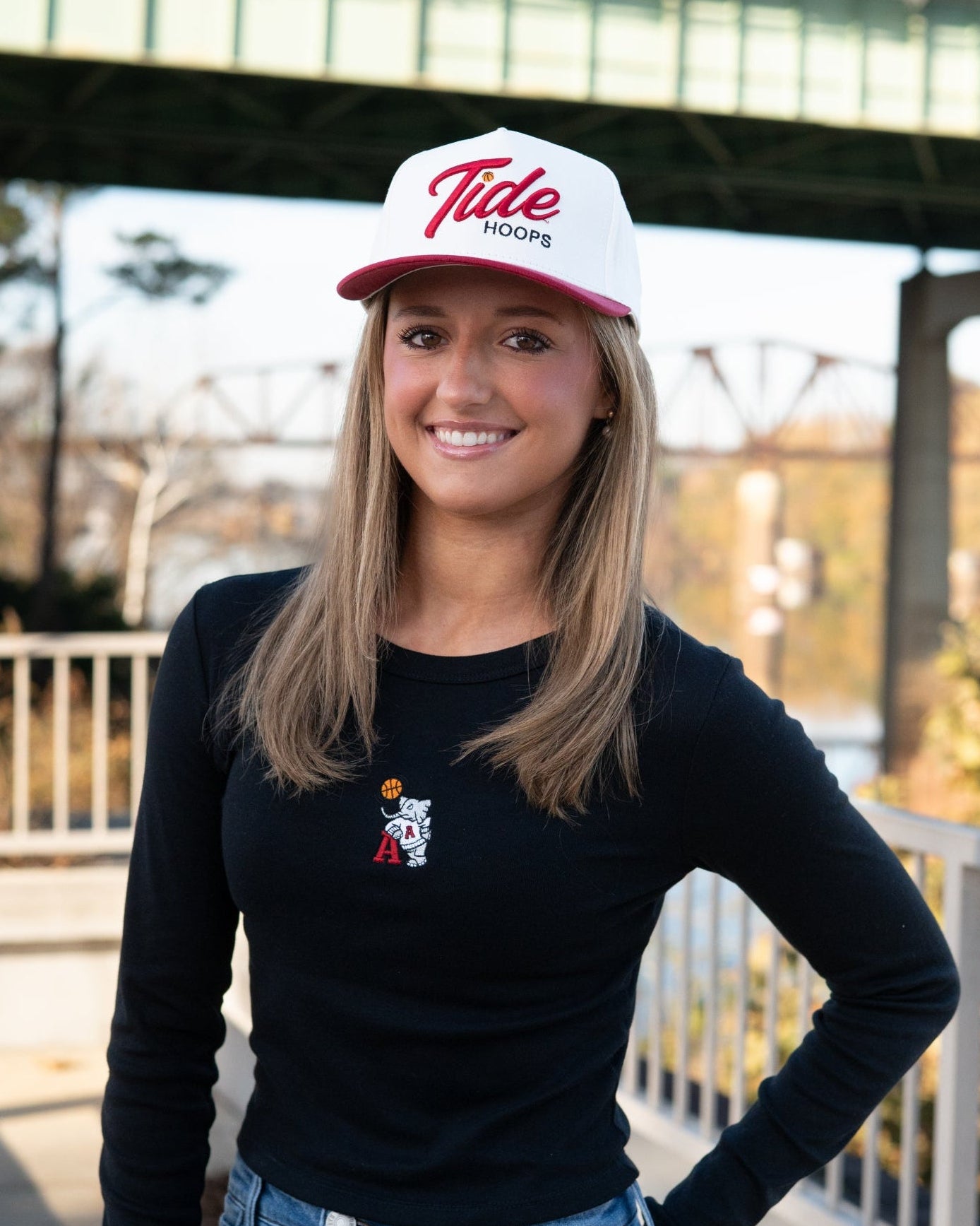 University of Alabama Black Ladies Long Sleeve Fitted T-Shirt with the Basketball Al Logo embroidered on the middle of the chest