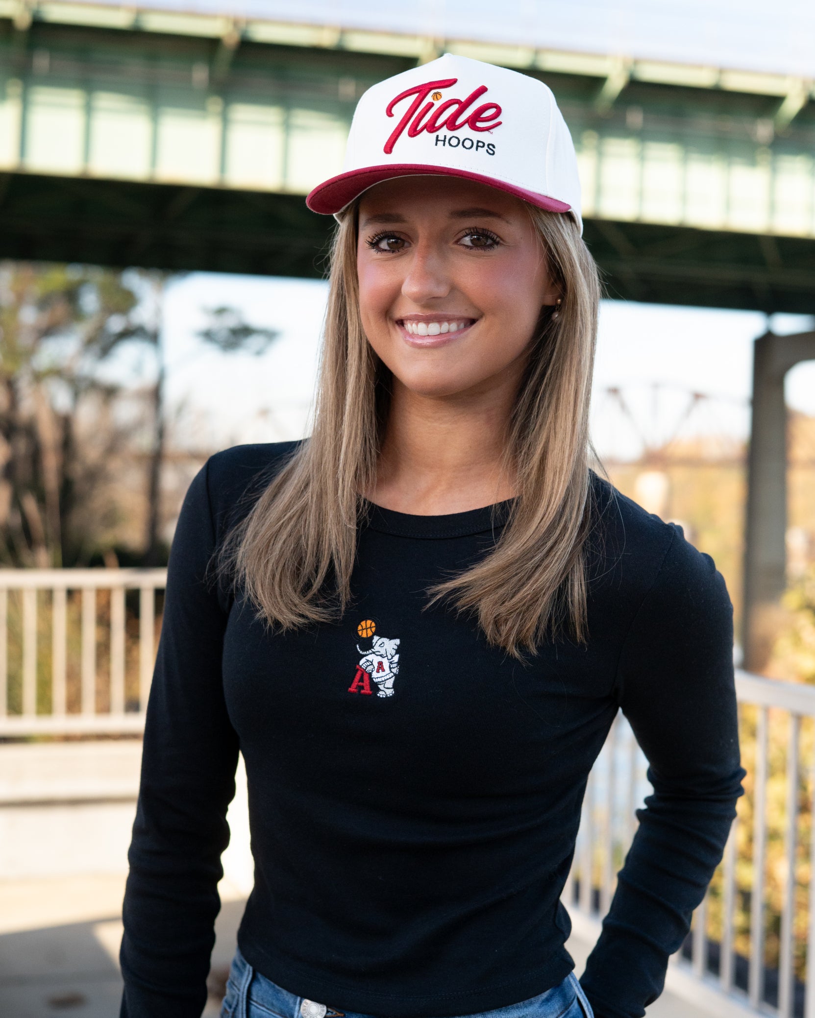 University of Alabama Black Ladies Long Sleeve Fitted T-Shirt with the Basketball Al Logo embroidered on the middle of the chest