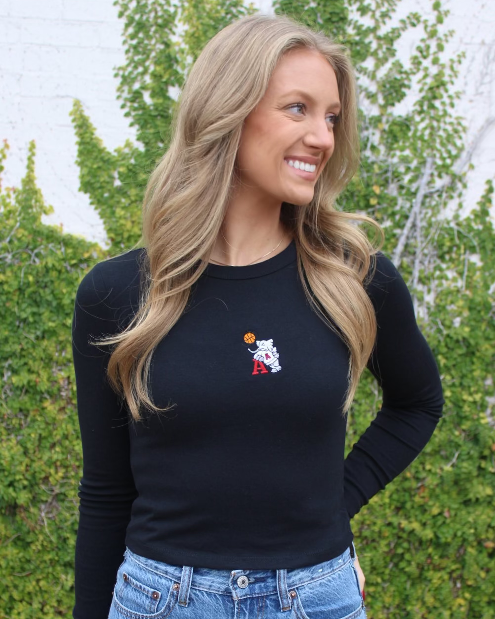 University of Alabama Black Ladies Long Sleeve Fitted T-Shirt with the Basketball Al Logo embroidered on the middle of the chest