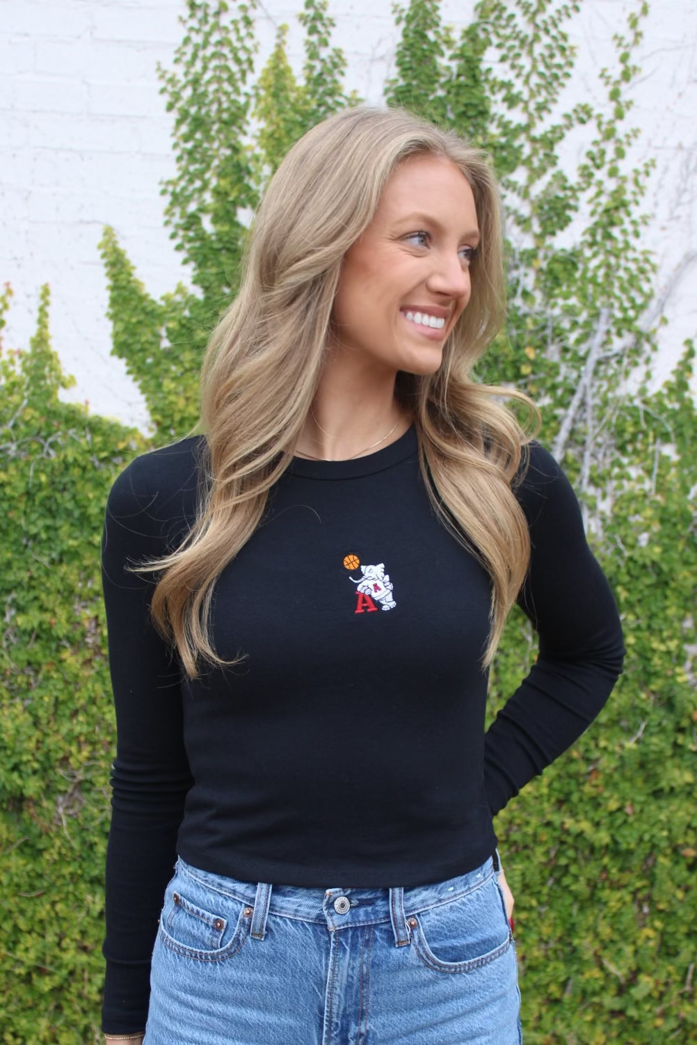 University of Alabama Black Ladies Long Sleeve Fitted T-Shirt with the Basketball Al Logo embroidered on the middle of the chest